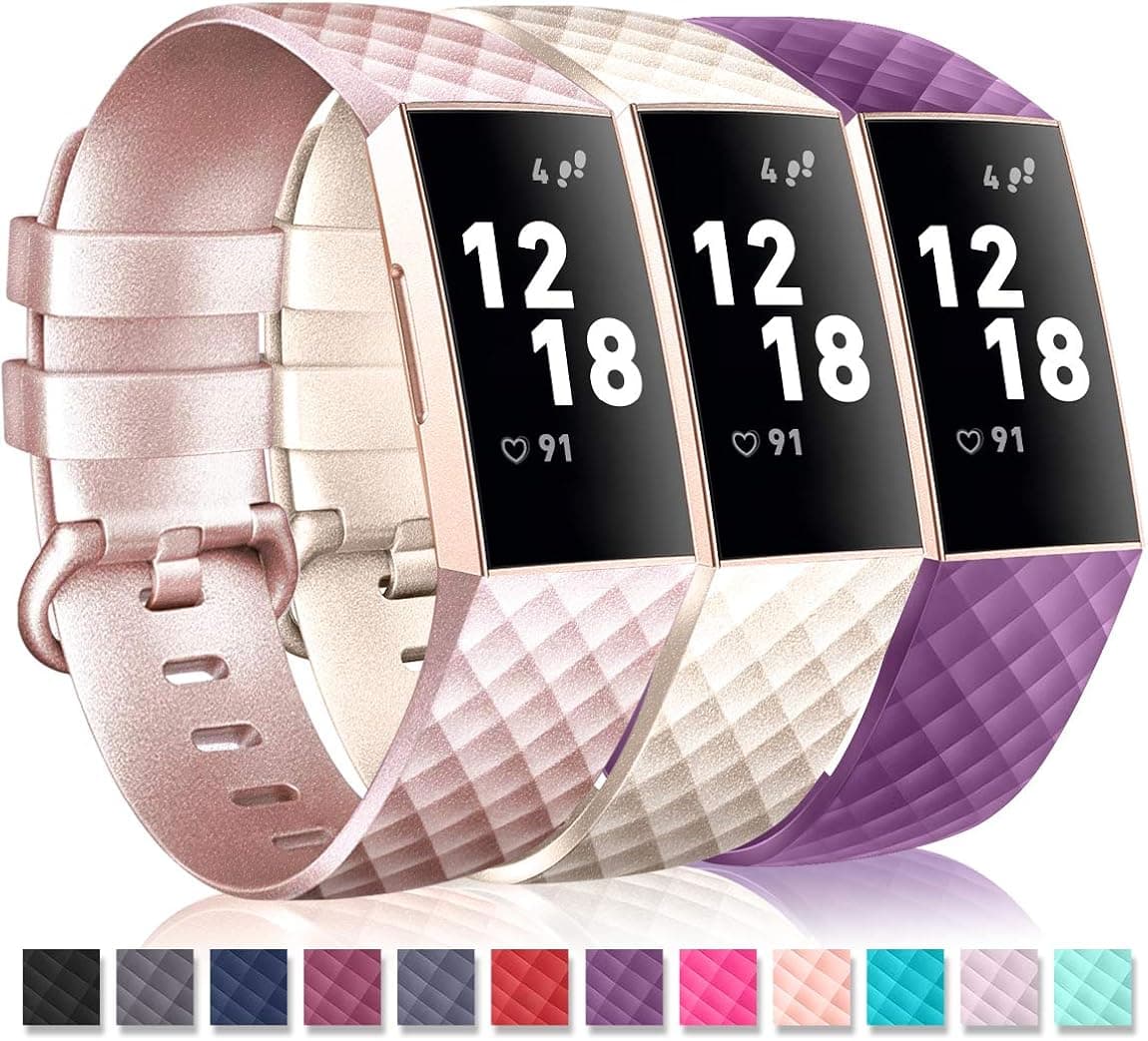 HUMENN Bands Compatible for Fitbit Charge 3,Classic & Special Edition Replacement Fitness Sport Wristband Compatible for Charge 3 and Charge 3 SE, Large Small (#04,Rose Golden/Champine/Purple, Small)