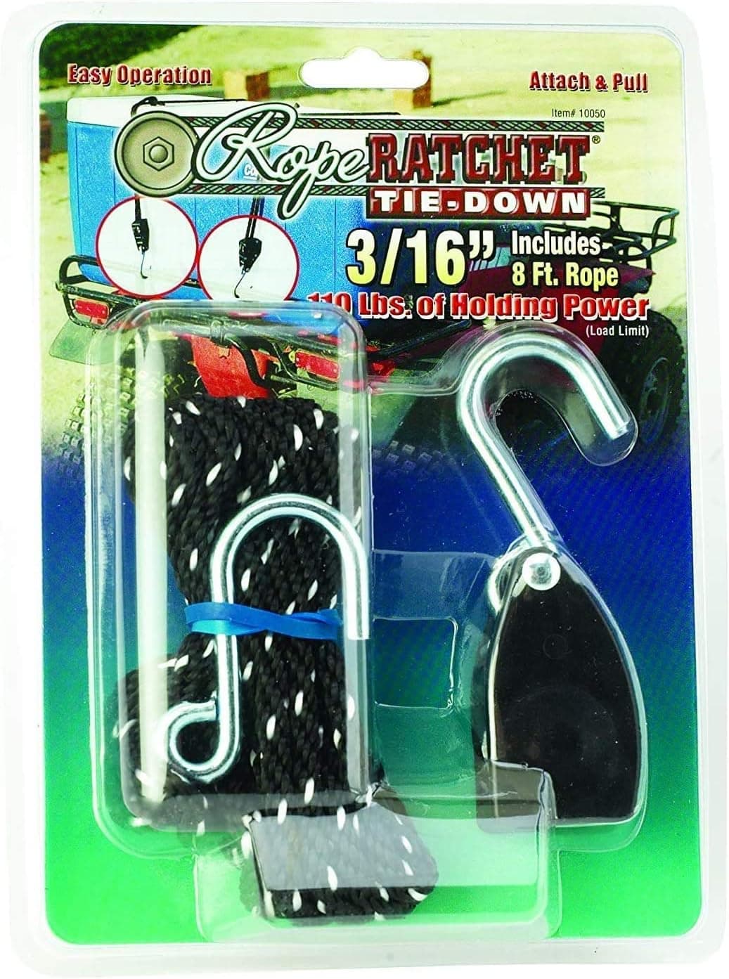 Rope Ratchet 10050 3/16" Hanger Rope Tie Down, with 8' Solid Braided Polyprolyene Rope, 110 lbs Weight Capacity