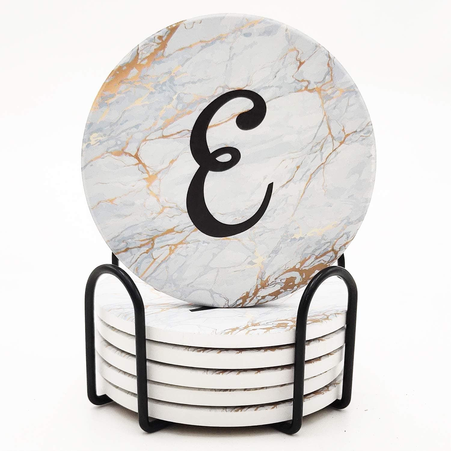 Monogrammed Coasters for Drinks Absorbents with Holder, Set of 6 Ceramic Marble Style Drink Coaster With Cork Base,Personalized Coasters Customizable With Name, Housewarming Gifts