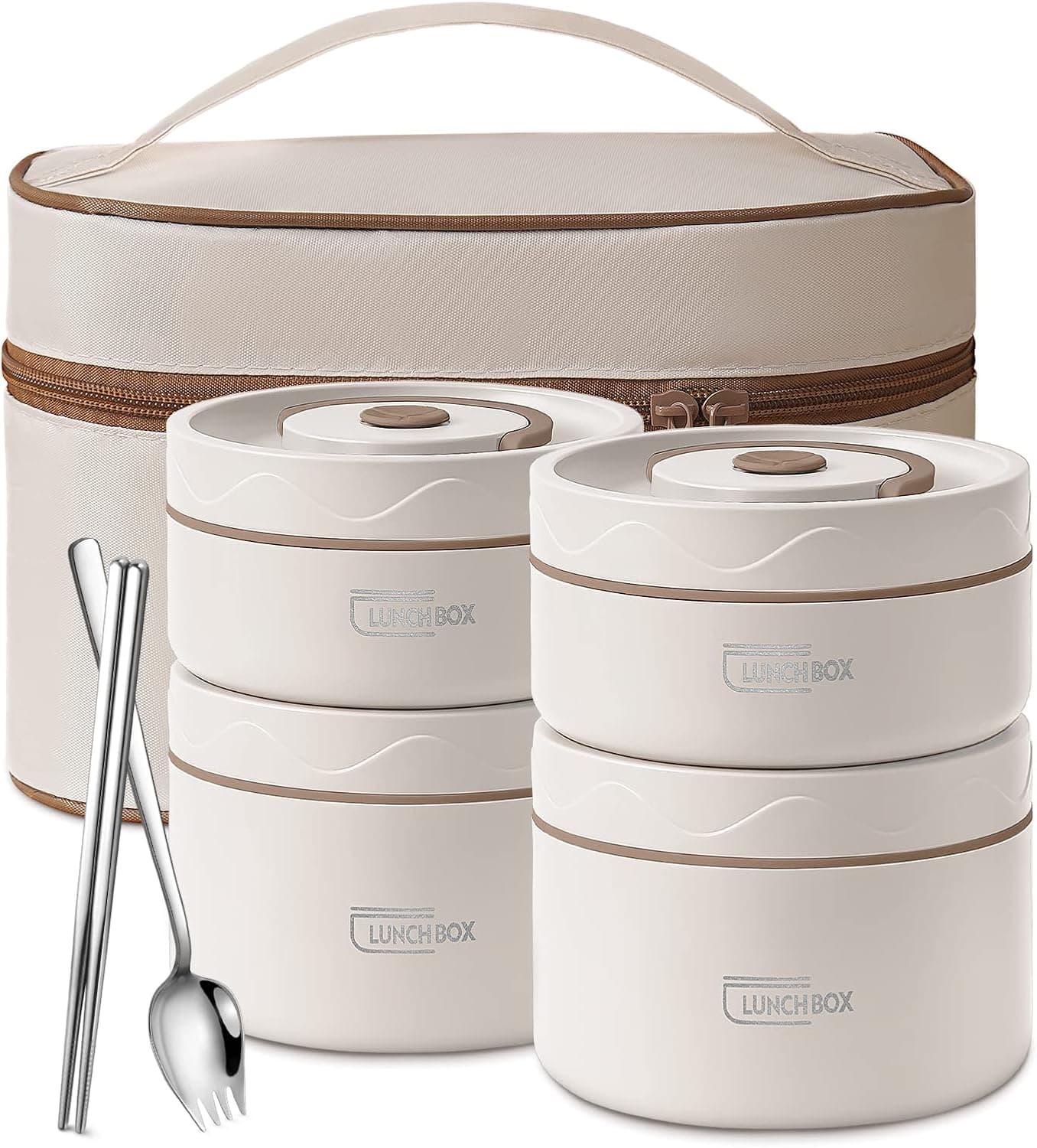 Stainless Steel Bento Box Adult Lunch Box, Portable Insulated Food Lunch Container Set with Thermal Lunch Box, 4 Separate Stackable Lunch Container for Adult Kids Men Women, 66 Oz/8.25 Cup, White