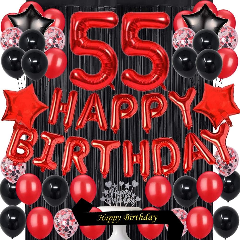 Fancypartyshop Fancy 55TH Birthday Party Decorations Supplies Red Black Later Balloons Happy Birthday Cake Topper Sash Foil Black Curtains Foil Star Balloons Number Red 55