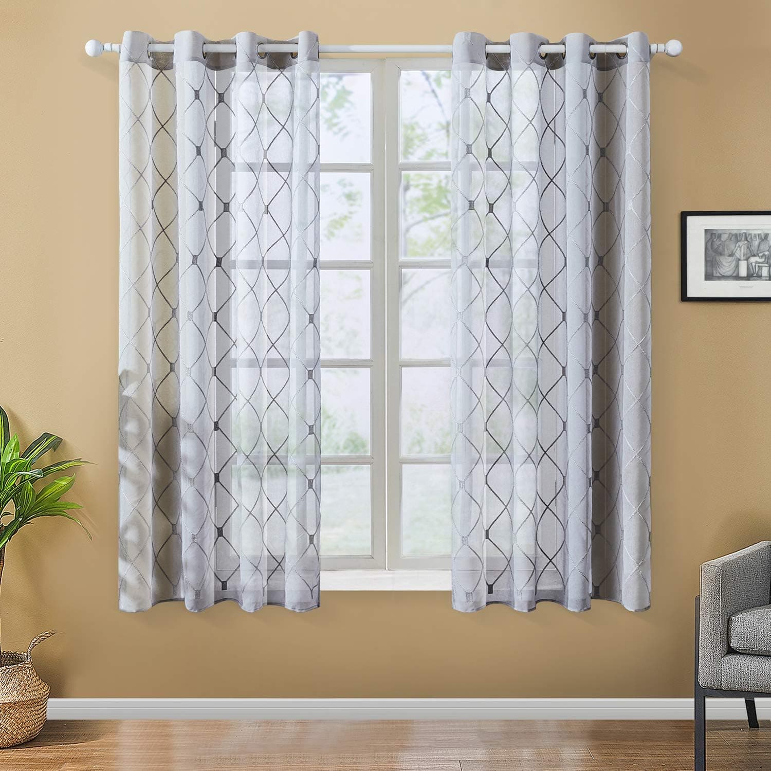 Top Finel Grey Sheer Curtains 63 Inch Length for Living Room Bedroom Diamond Embroidered Grommet Window Curtains, 2 Panels