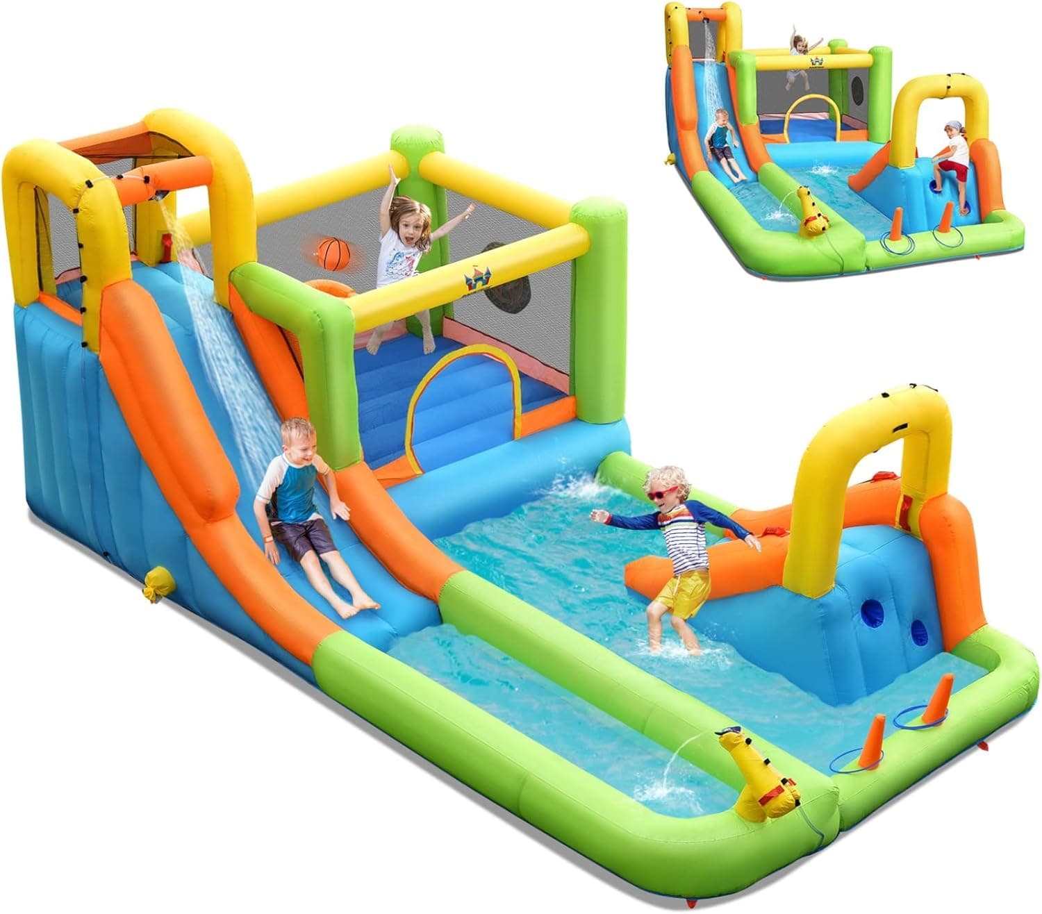 BOUNTECH Inflatable Water Slide, 8 in 1 Mega Waterslide Park Bounce House for Outdoor Fun w/Long Slide, Giant Splash Pool, Water Slides Inflatables for Kids and Adults Backyard Party Gifts