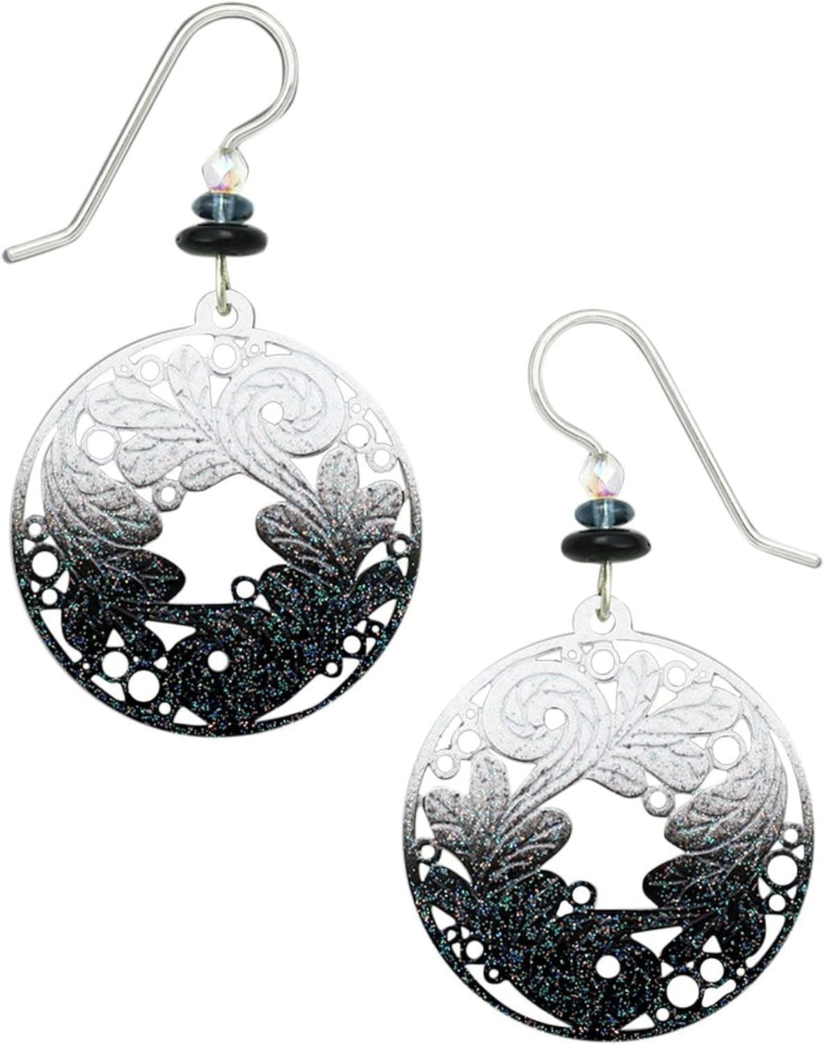 Adajio Thin Lightweight Hand Painted Glittering Black and White Etched Round Beaded Dangle Earrings