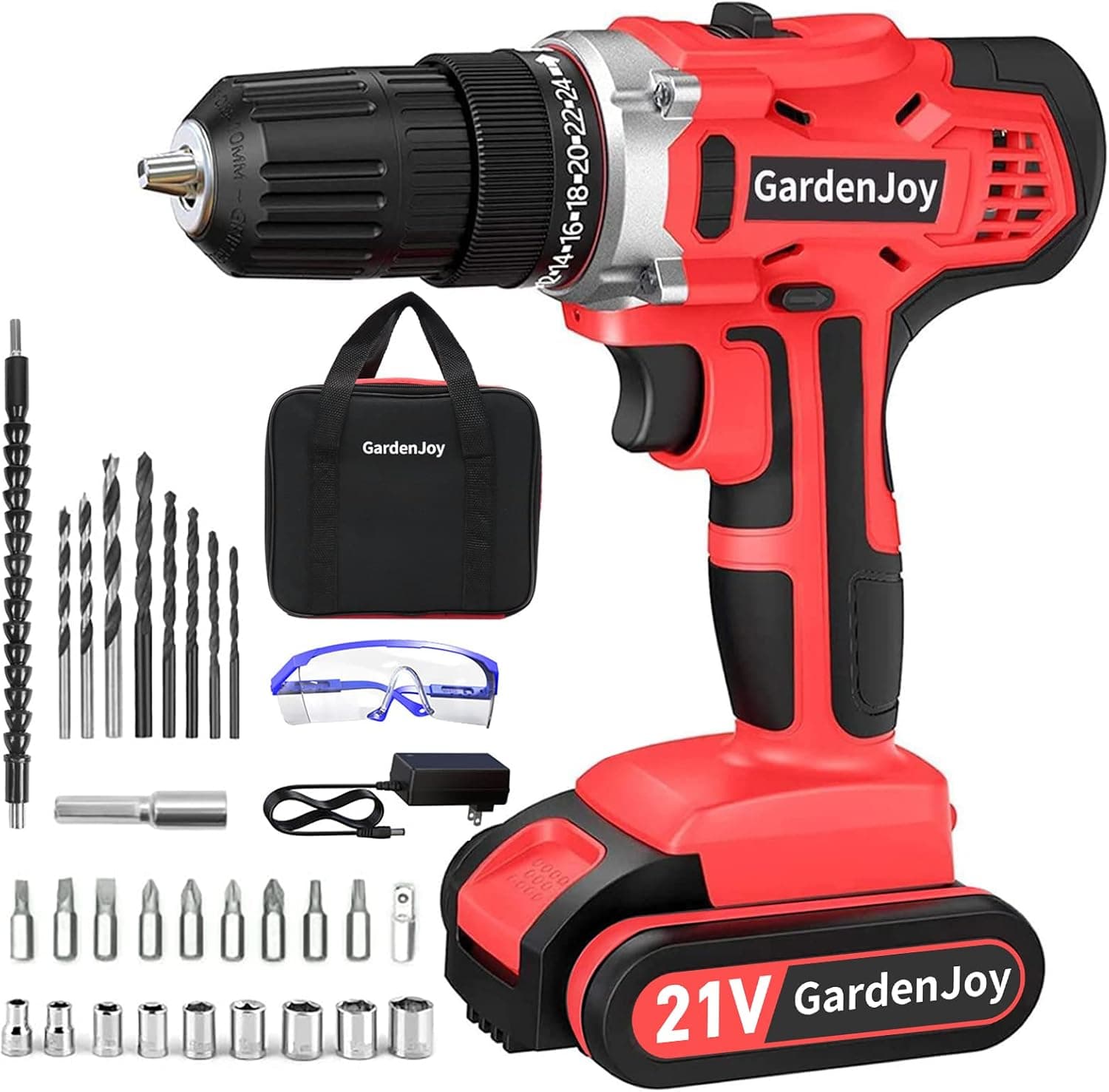 GardenJoy Cordless Power Drill Set: 21V Electric Drill with Fast Charger 3/8-Inch Keyless Chuck 2 Variable Speed 24+1 Torque Setting and 30pcs Drill/Driver Bits with Power Tool Bag