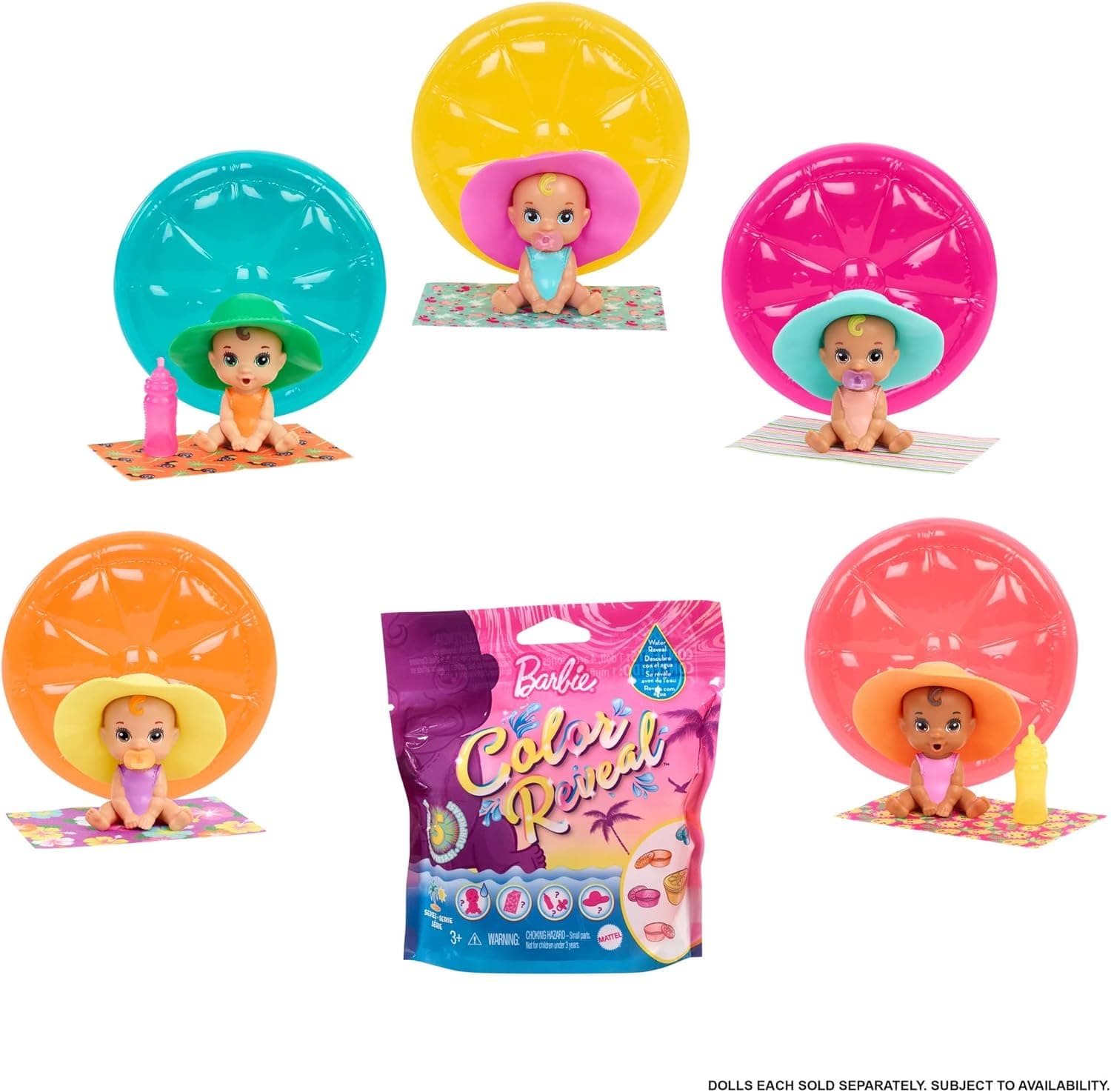 Barbie GTT12 - Color Reveal Babies Sand & Sun Series Assortment, dla wieku 3+.