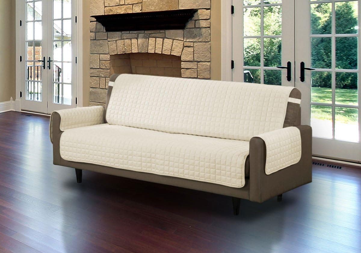 Linen Store Quilted Microfiber Pet Furniture Protector Cover with Tucks and Straps, Beige, Sofa