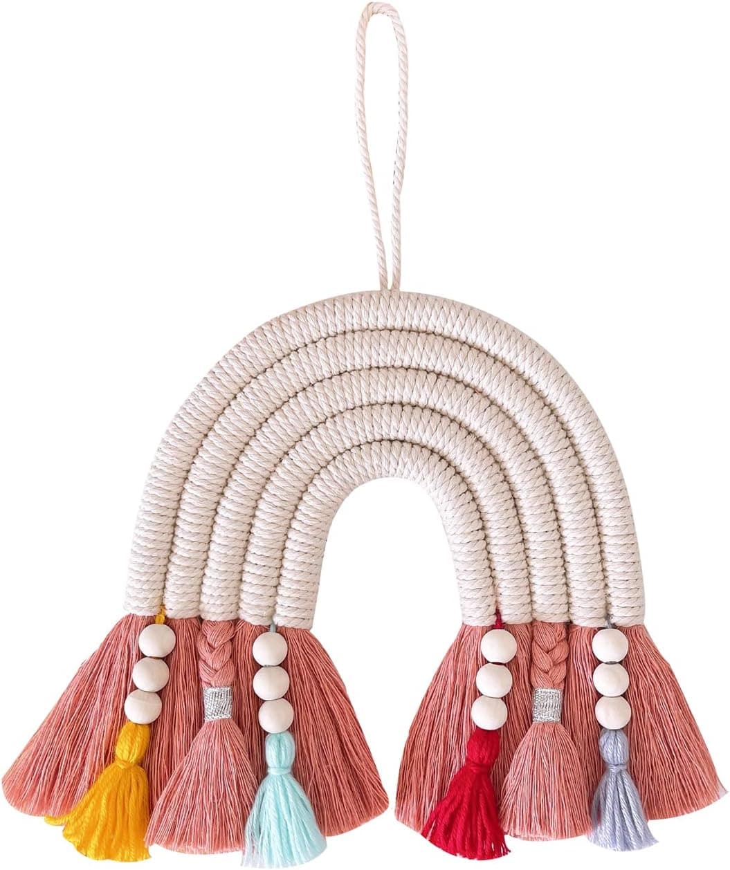 SayasNoy Rainbow Decor, Macrame Rainbow Wall Hanging for Baby Room Decor,Boho Room Decor/Boho Bedroom Decor for Kids, Boho Rainbow Decor (7x7.5x0.5in Pink)