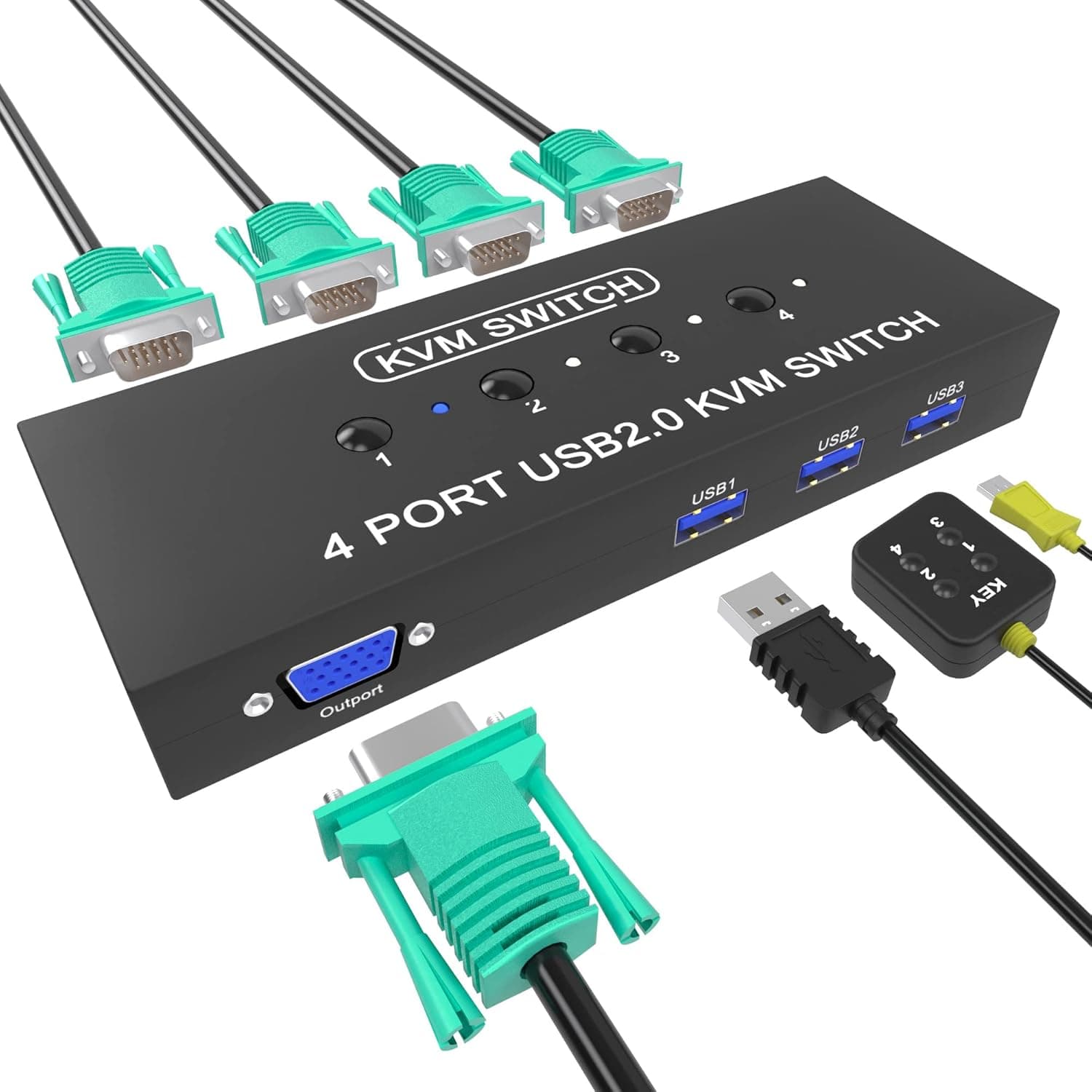 VGA KVM Switch 4 Port, DiamondTiger USB and VGA KVM Switch Selector for Up to 4 Computers Share Same Video Monitor and 3 USB2.0 Devices Like Keyboard, Mouse, Printer. 4 KVM and VGA Cables are Included