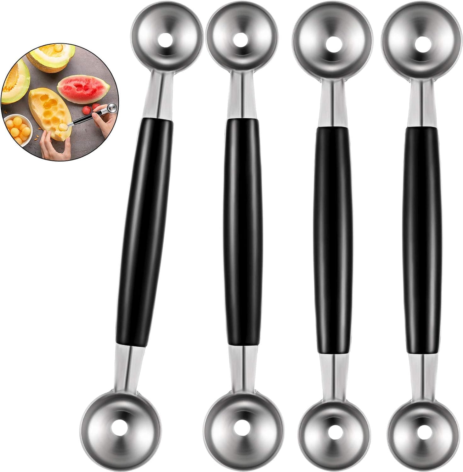 4 Pieces Double-Sided Melon Baller Stainless Steel Melon Ballers Melon Scoop for Watermelon Ice Cream