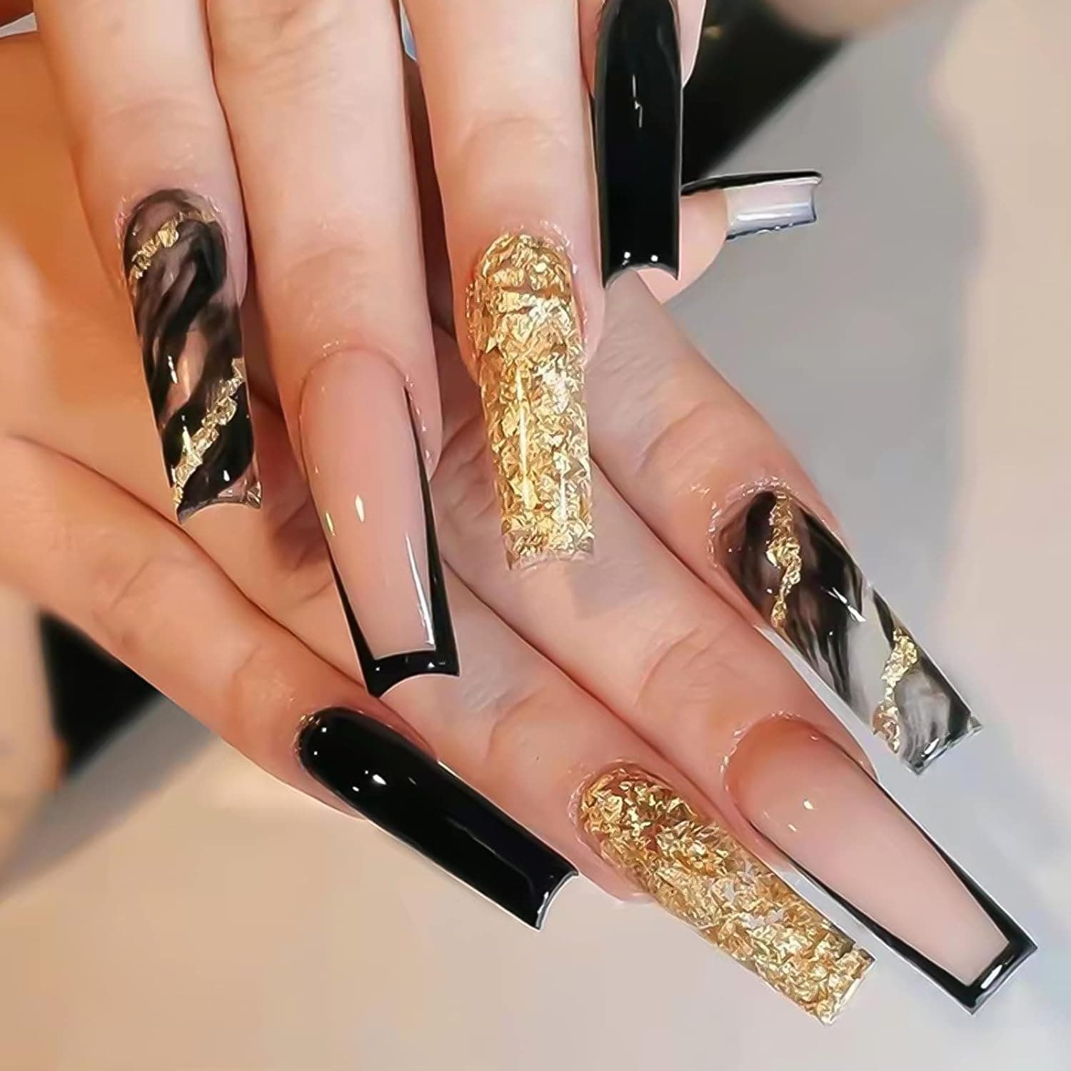 BELICEY Black French Press on Nails Medium Length Golden Bling Stripes Fake Nails Full Cover Luxury Stick on Coffin Nails Exquisite Design Nails for Women and Girls