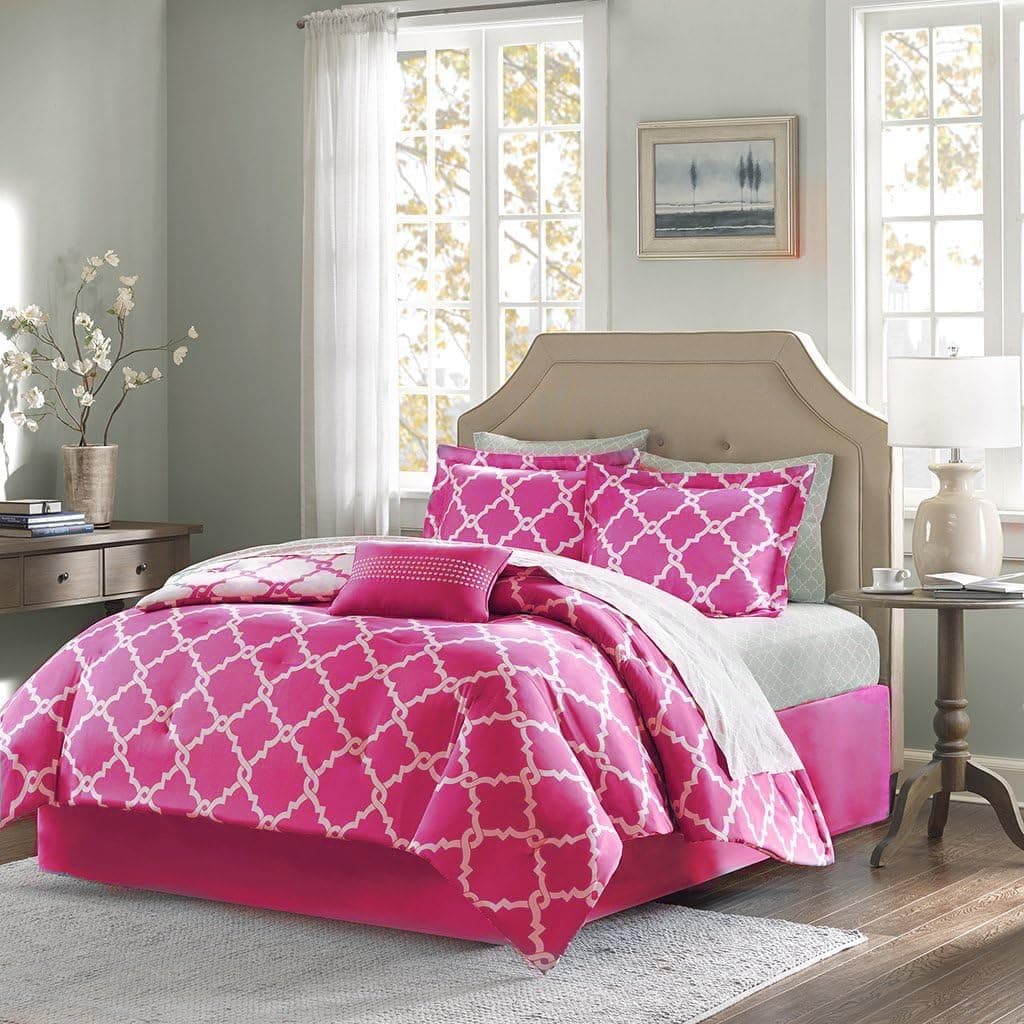 Geometirc Modern 7-Piece Reversible Comforter Set Soft Bedding Oversized Bed in a Bag Sale!!! (Queen, Hot Pink)