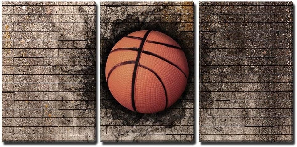 wall26 - 3 Piece Canvas Wall Art - 3D Rendering of a Basket Ball Embedded in a Brick Wall - Modern Home Art Stretched and Framed Ready to Hang - 16"x24"x3 Panels