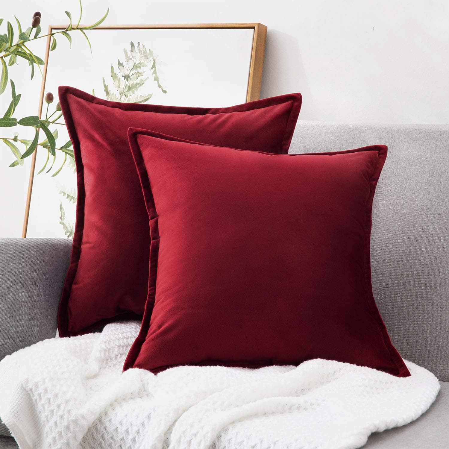 Bedsure Velvet Throw Pillow Covers 20x20 Set of 2 - Decorative Pillow Covers Cushion Case for Sofa Bedroom Car,Burgundy