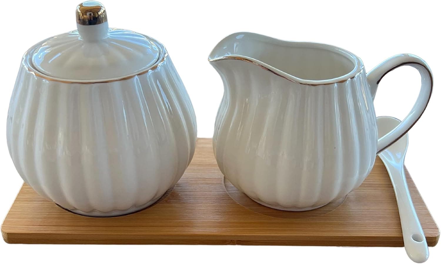 A&A Storefront White With Gold Trim Ceramic Coffee Sugar and Creamer Set with Lids and White Ceramic Spoon on Bamboo Tray - 8 oz. Creamer Pitcher & 12 oz. Sugar Bowl - Cream and Sugar Set