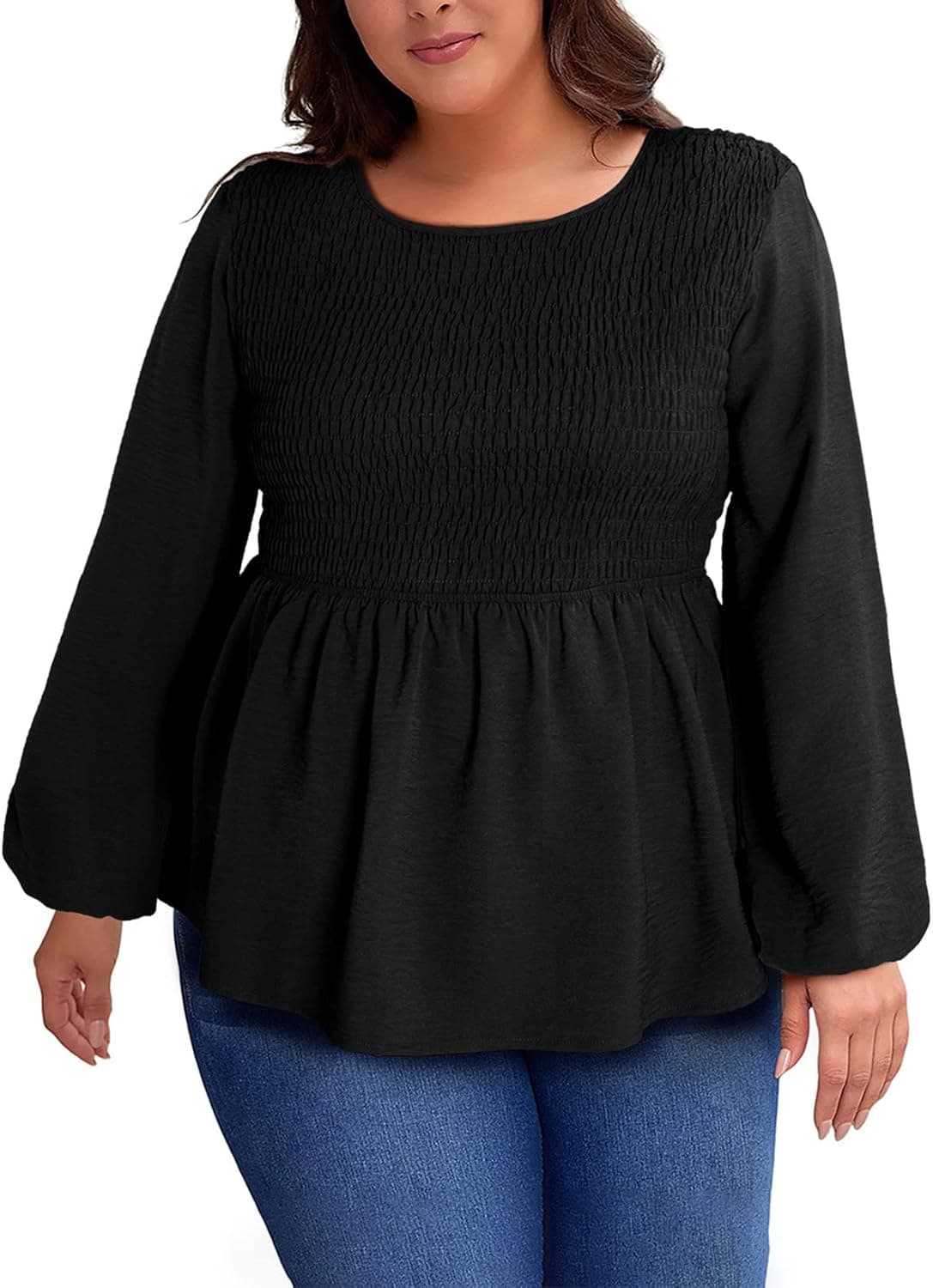 Eytino Women Plus Size Tops Casual Puff Long Sleeve Round Neck Smocked Blouses Shirts(1X-5X)