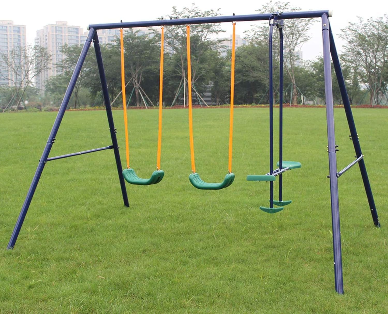 KL KLB Sport Metal Swing Set Outdoor Backyard Playground Heavy Duty Swing Set 2 Seats with Glider for Kids, Toddlers, Children, Max Weight 400 LBS, 100 LBS Each