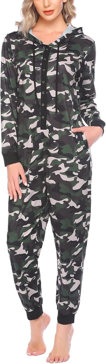 Ekouaer Women's Onesies Pajamas Hooded Adult One Piece Sleepwear Long Sleeve Button Down Romper Loungewear with Pockets S-XXL