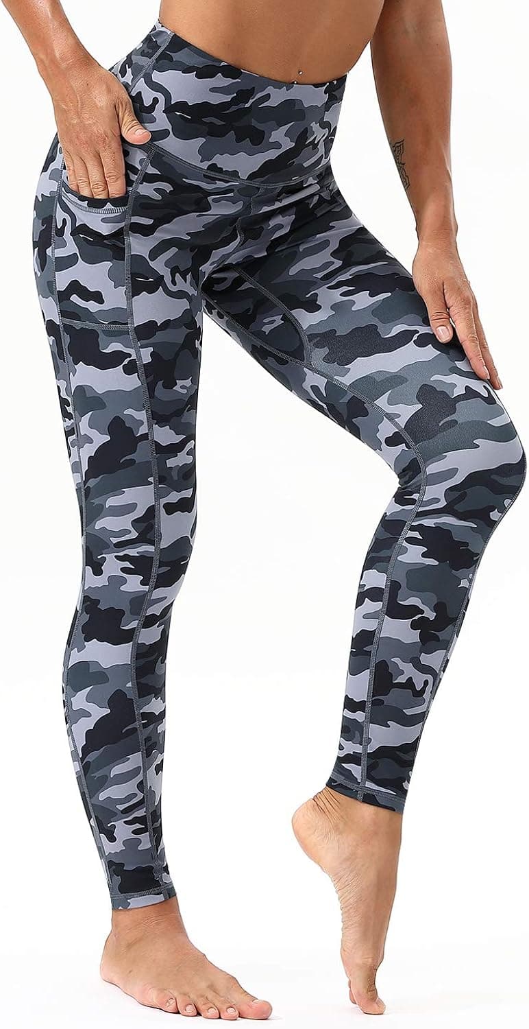 DILANNI High Waisted Leggings for Women Training Camo Yoga Pants Tummy Control with 2 Pockets for Running Workout Green Camo X-Large