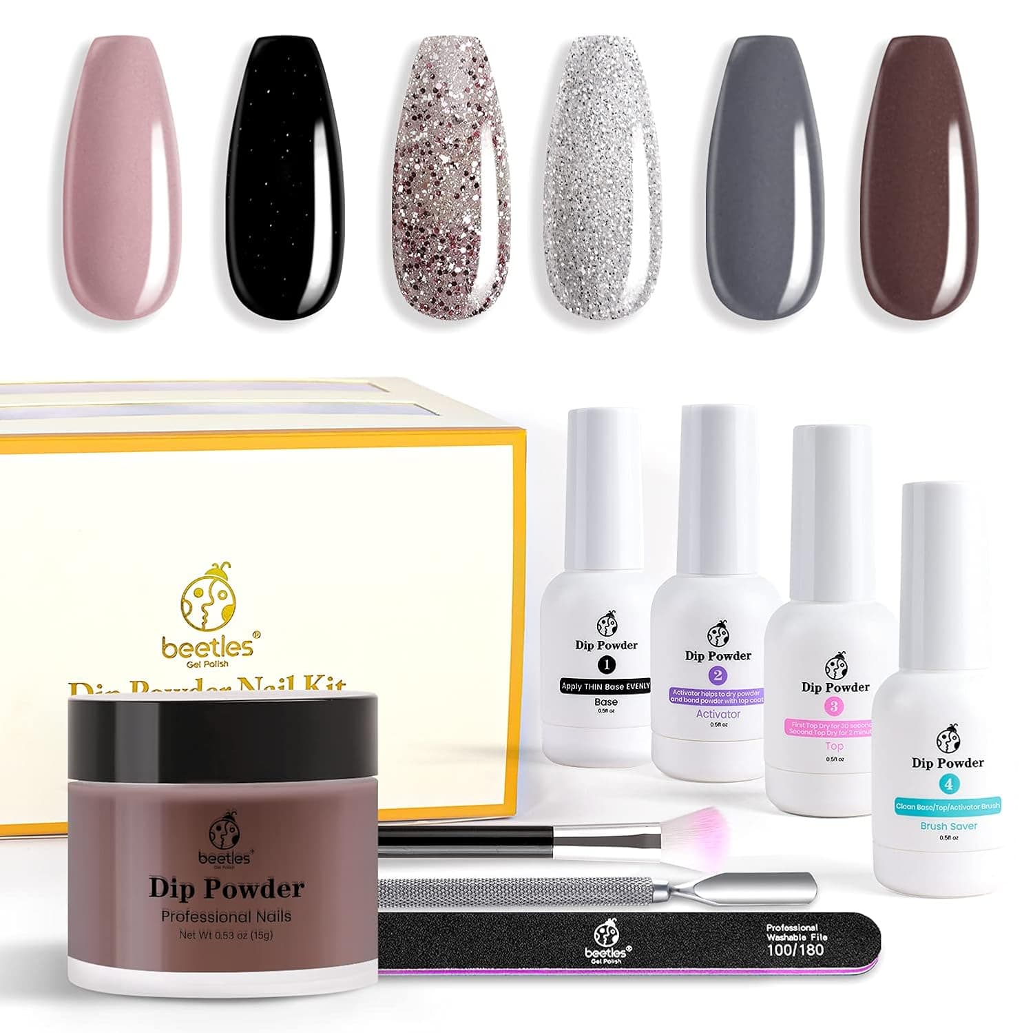 Beetles Dipping Powder Nail Starter Kit of 6 Colors Powder with Gel Liquid Essential Tools Set