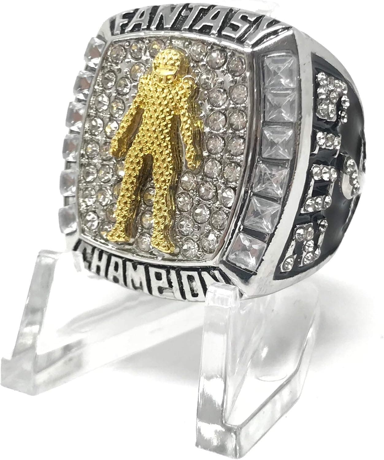 Legacy Rings 2019 Fantasy Football Championship Trophy Ring, Two-tone Silver and Gold Plated + Display Stand, Many Sizes