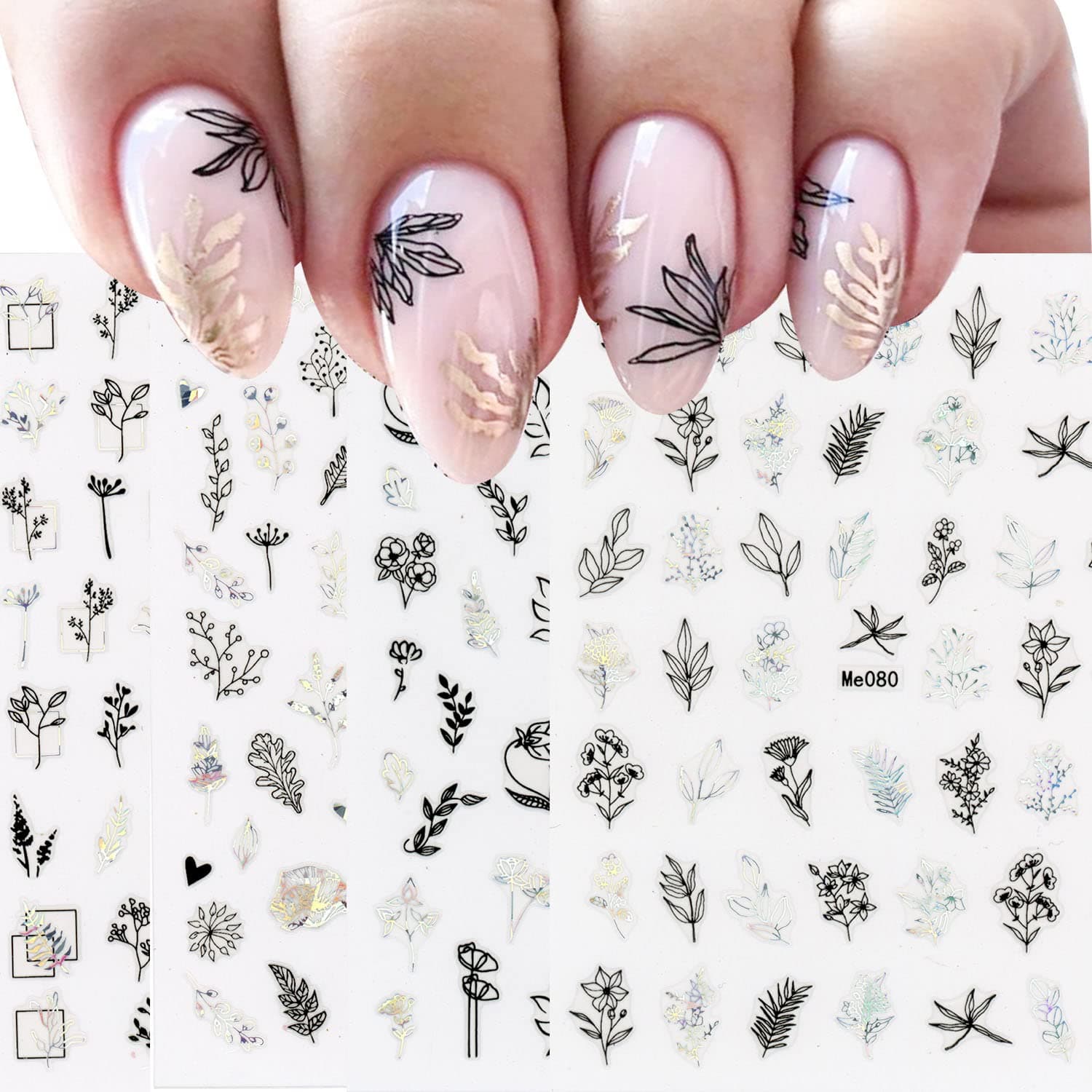 9 Sheets Silver Leaves Nail Art Stickers Decals Self-Adhesive Pegatinas para Uñas Black Silver Grass Leaves Butterfly Dragonfly Insect Design Manicure Tips Nail Decoration for Women Girls