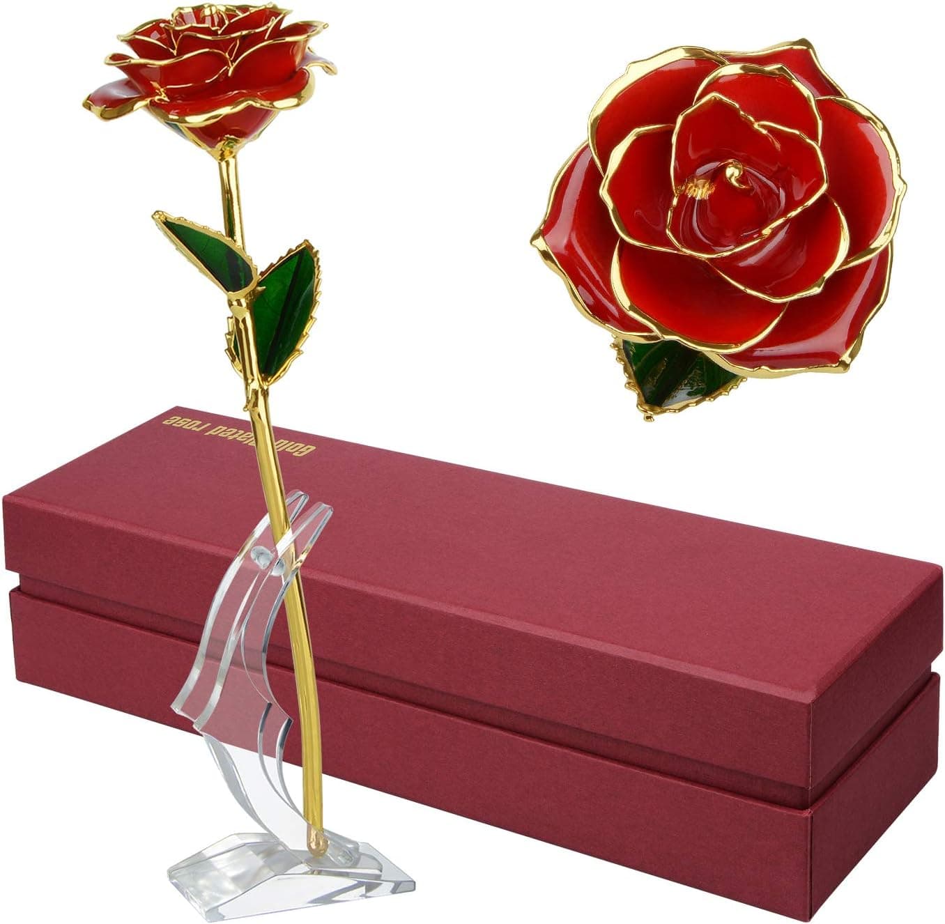 24K Gold Rose Flower/Gold Foil Artificial Forever Rose with Transparent Stand & Gift Box,Best Romantic Present Ideal for Her on Valentines Day, Mothers Day, Anniversary, Birthday ,Christmas,Decoration