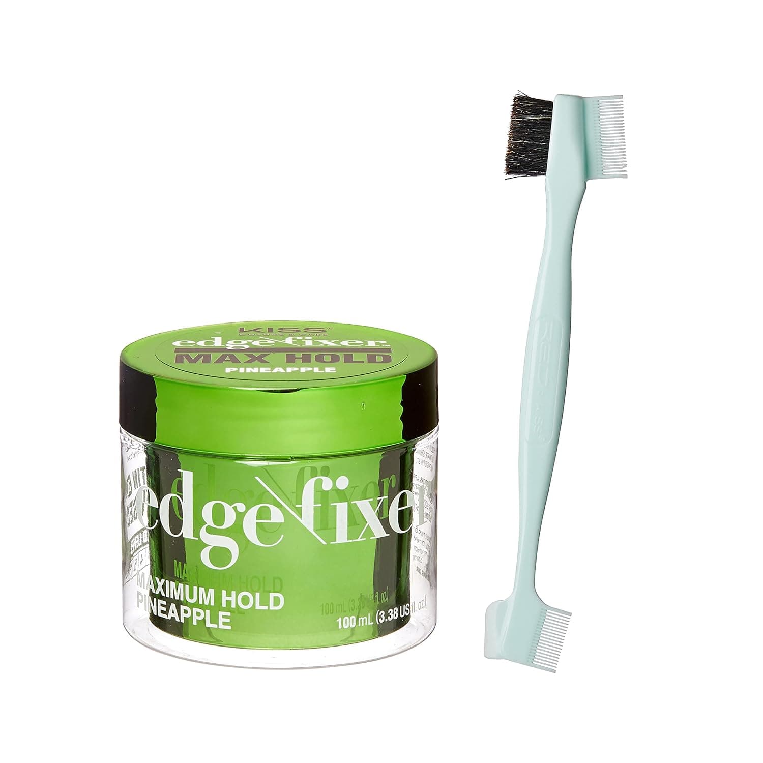 KISS Edge Fixer Max Hold 100mL (3.38 US fl.oz) & 4 in 1 Edge Brush with Fine Edge Combs & Spatula (Pineapple)