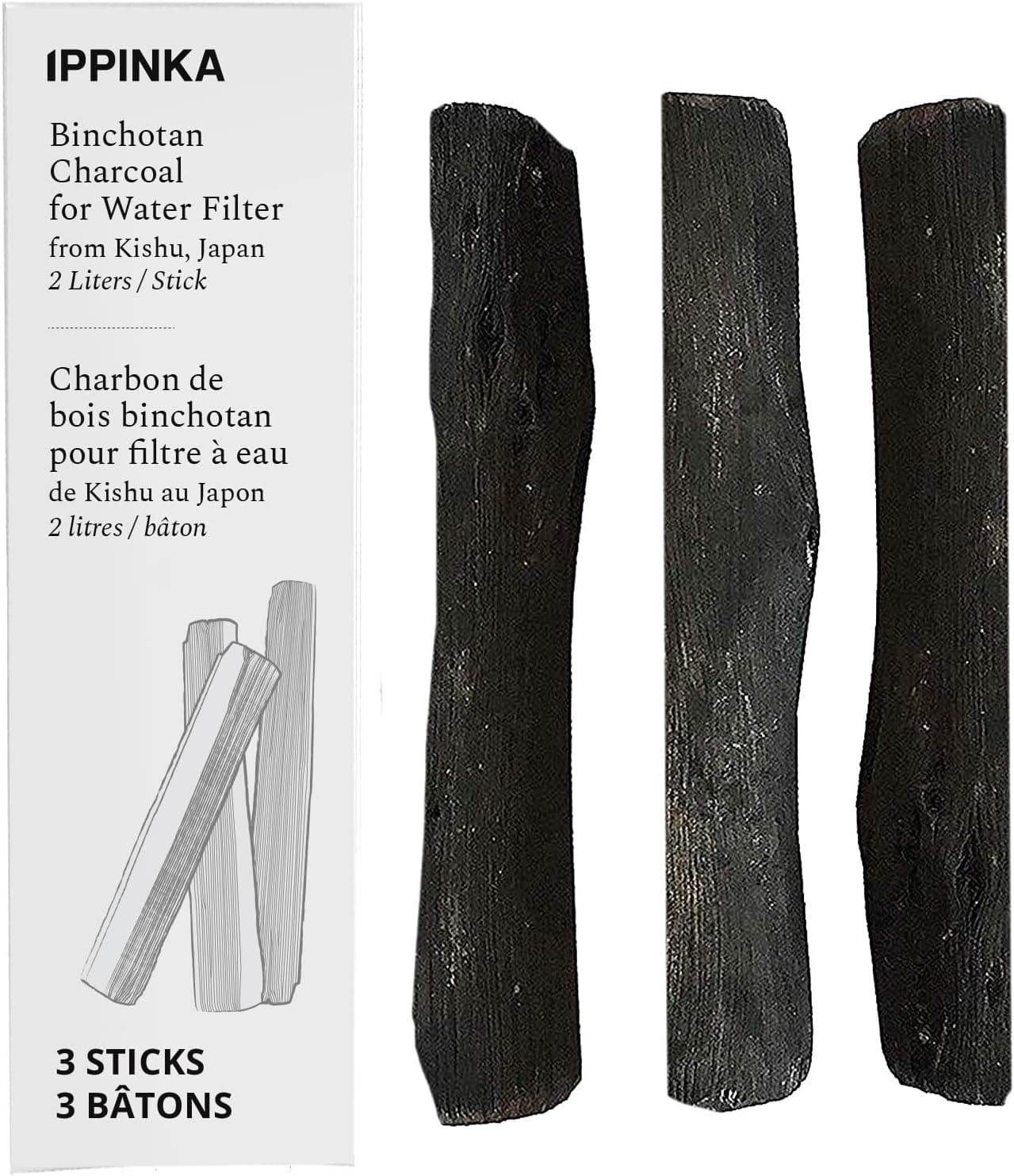 Binchotan Charcoal - Water Purifying Sticks for Great-Tasting Water from Kishu, Japan - Each Stick Filters up to 2 Liters of Water - 3 Sticks