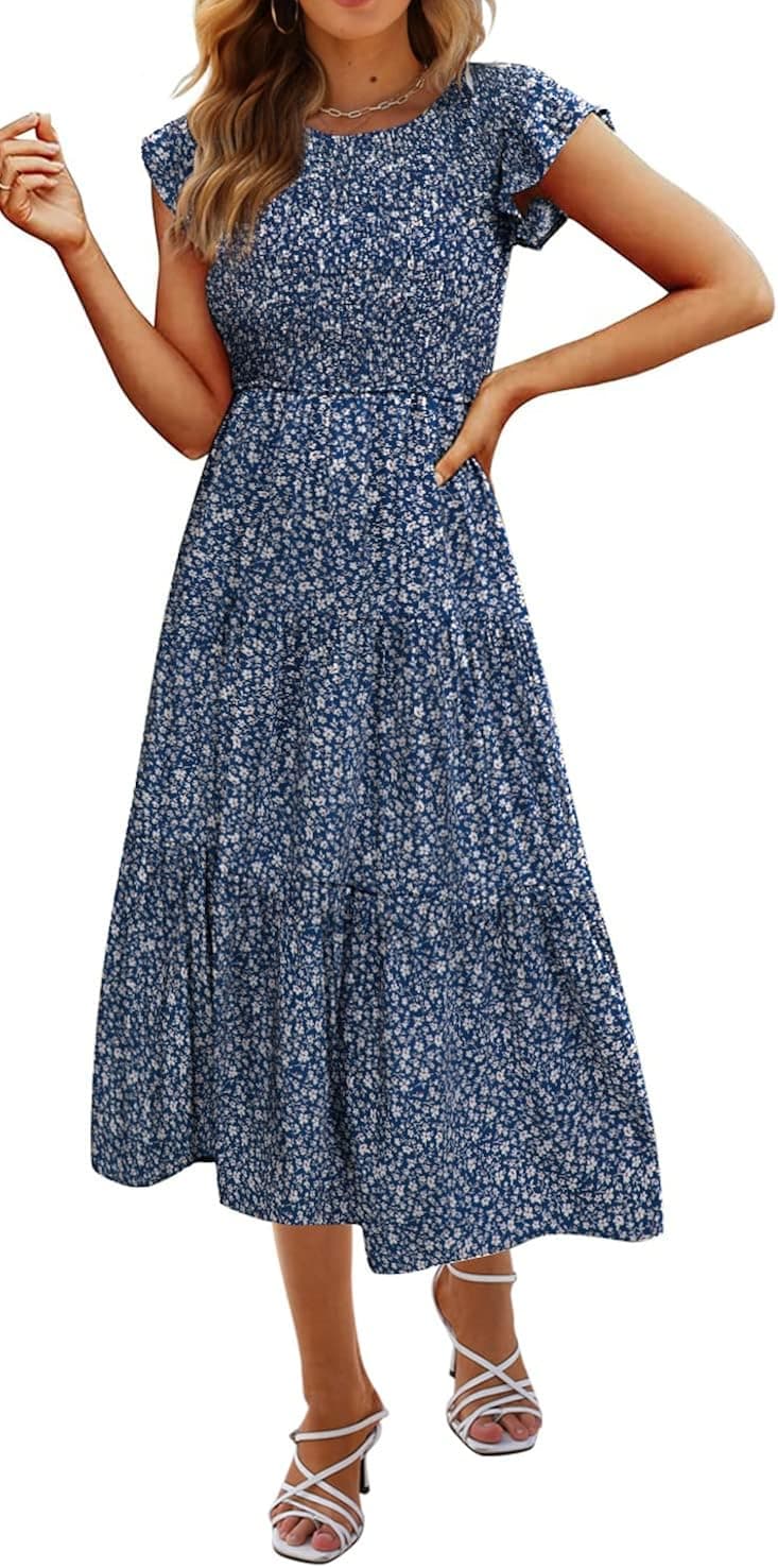 Hount Women's Casual Midi Dress Fultter Short Sleeve Elastic Waist Summer Tiered Smocked Dress with Pockets
