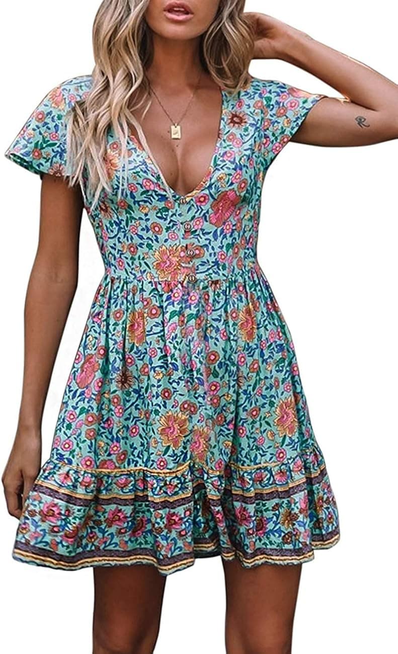 MEROKEETY Women's Summer Boho Floral Print V Neck Button Down Ruffles Swing Beach Mini Dress