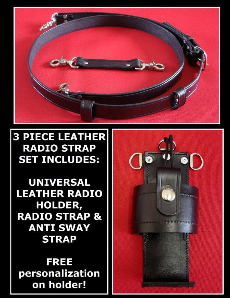 Sav-A-Jake Firefighter Gear Tools 3 Piece Leather Radio Strap & Personalized Holder Set Solid Black - Two Mic Loops