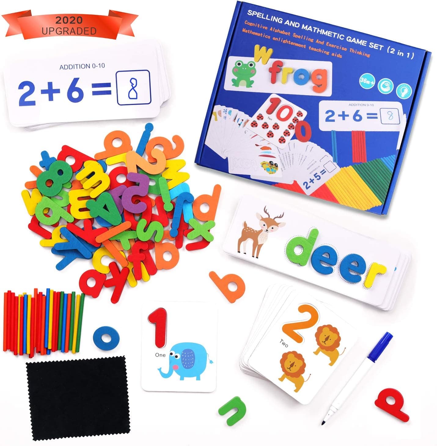 QZMTOY See and Spell Counting Toys 2 in 1 Learning Set Toddlers Abacus Math Words Game Letters Matching Puzzles Wooden Educational Montessori Preschool Toy for Kids Boys Girls Gift for Age 3 Years Up