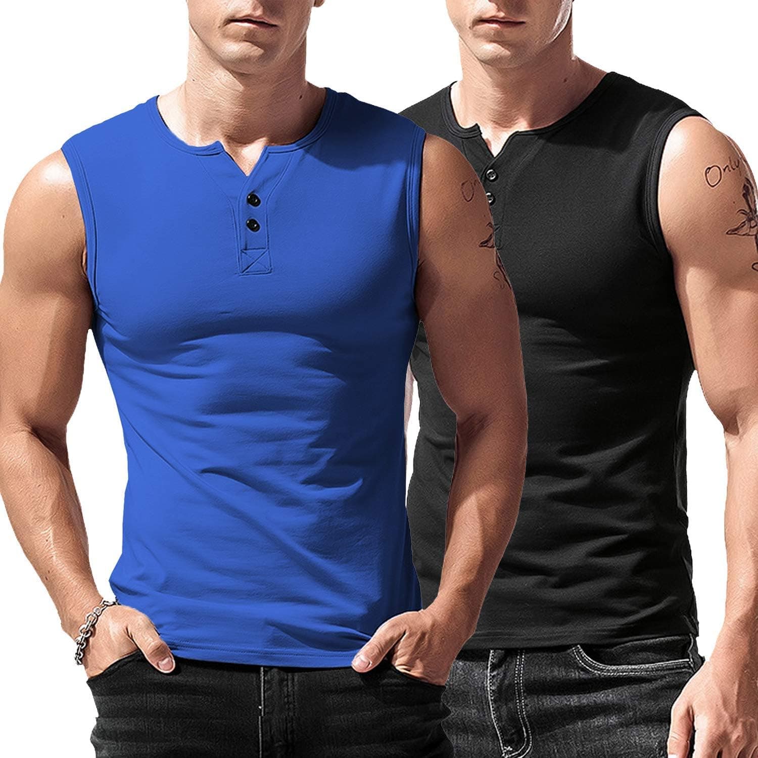 Babioboa Mens 2 Pack Tank Tops Henley V Neck Gym Muscle Tee Fitness Workout Bodybuilding Sleeveless Shirt