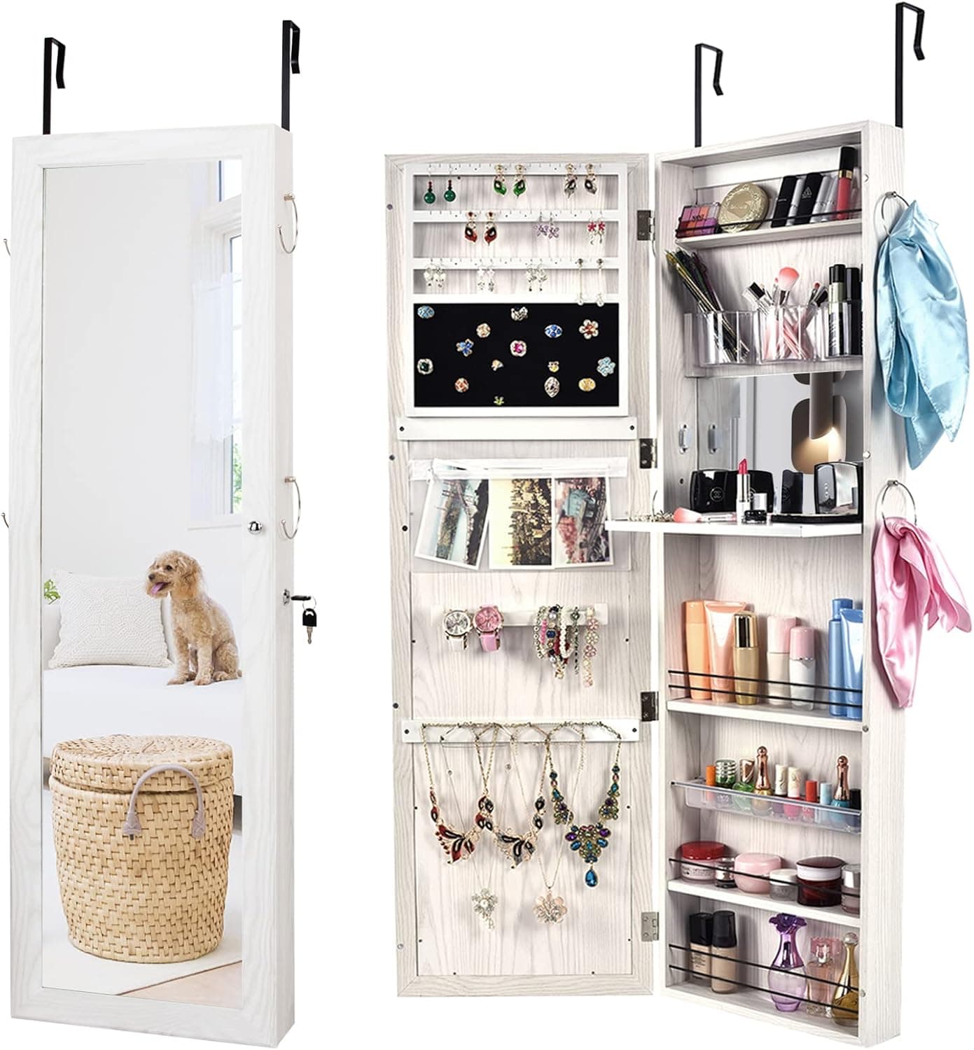 Bonnlo Jewelry Armoire Organizer with Keys, Space-Saving 2 in 1 Wall Mounted/Door Hanging, 47-inch Magnetic Mirror, Bedroom Bathroom Cosmetics Storage Cabinet with 6 Shelves