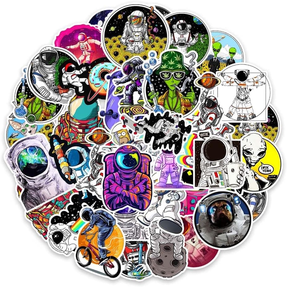 Galaxy Astronaut Stickers 50Pcs, Spaceman Alien Decals for Laptop Computer Wall Car Bumper Bike Motorbike Water Bottle Hydroflask Guitar, Waterproof Durable Outspace Sticker for Kids Teens Adults Fans