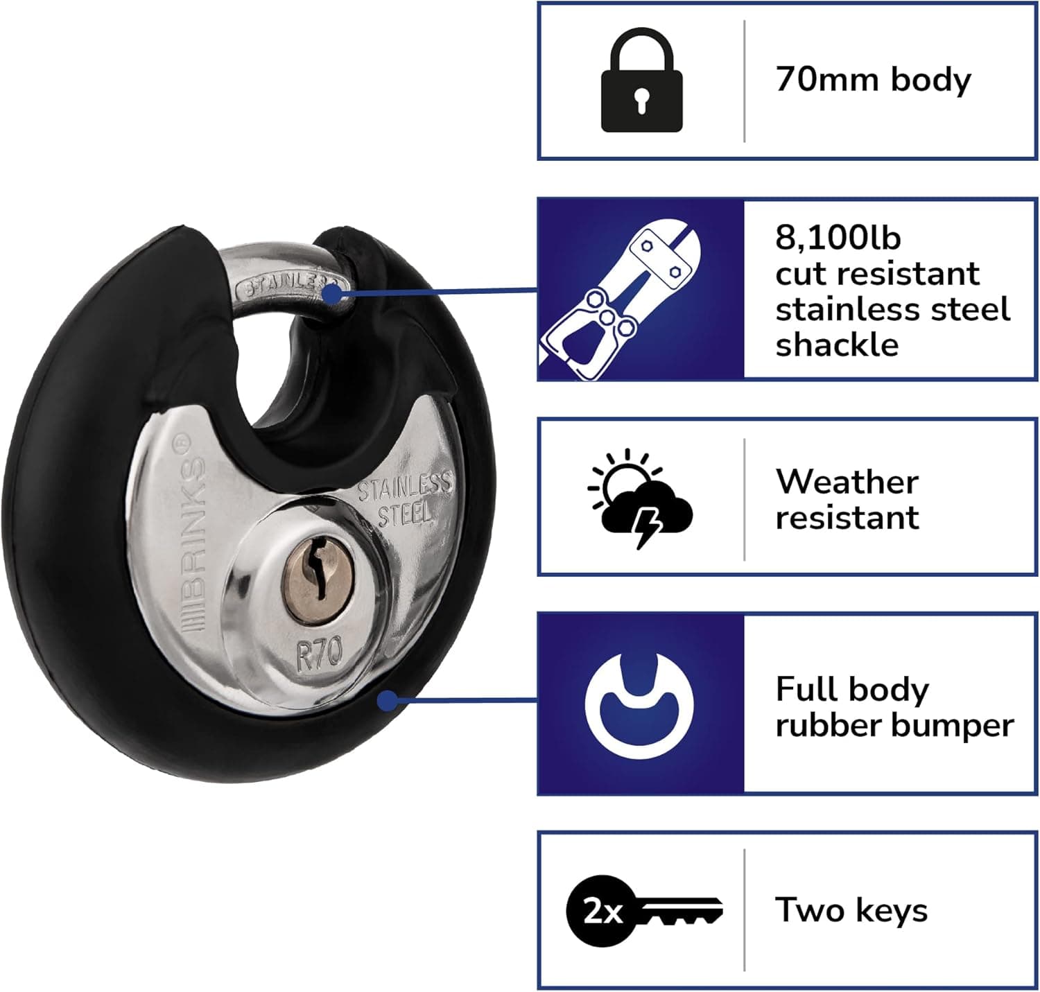 BRINKS - 70mm Commercial Stainless Steel Keyed Discus Padlock - Stainless Steel Body with Stainless Steel Shackle