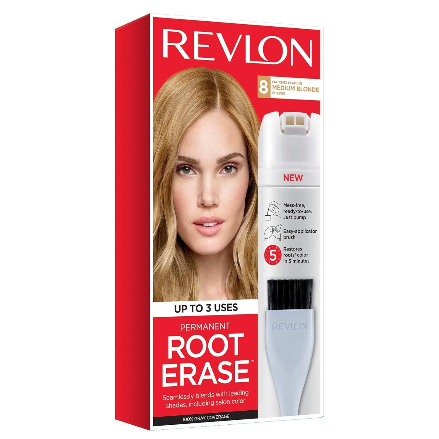 Permanent Hair Color by Revlon, Permanent Hair Dye, At-Home Root Erase with Applicator Brush for Multiple Use, 100% Gray Coverage, Medium Blonde (8), 3.2 Fl Oz