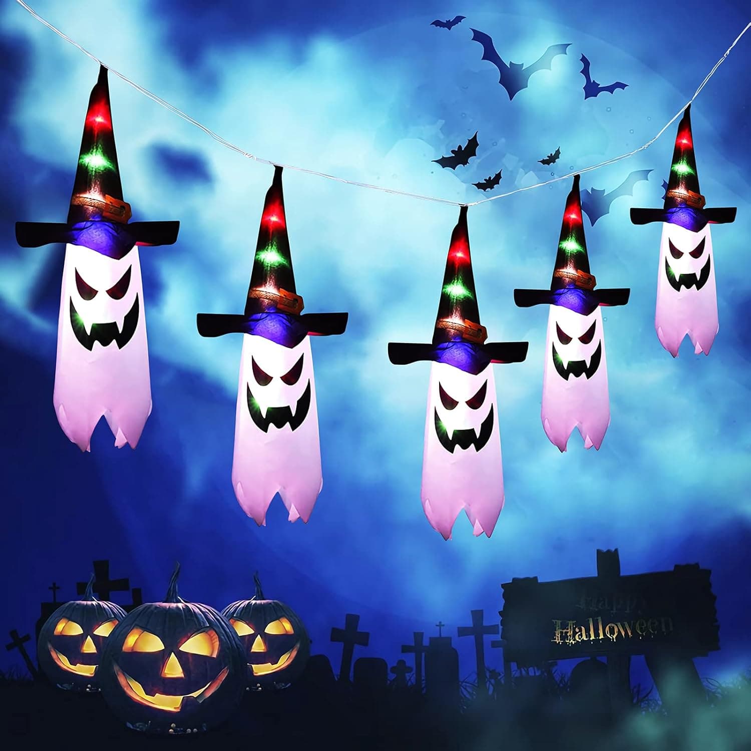 DUUDO Halloween Decorations Outdoor, 11.5FT Halloween Ghost with String Lights, Battery Powered Halloween Lights, Halloween Decor for Garden, Outdoor, Yard, Tree, Party, 5PCS