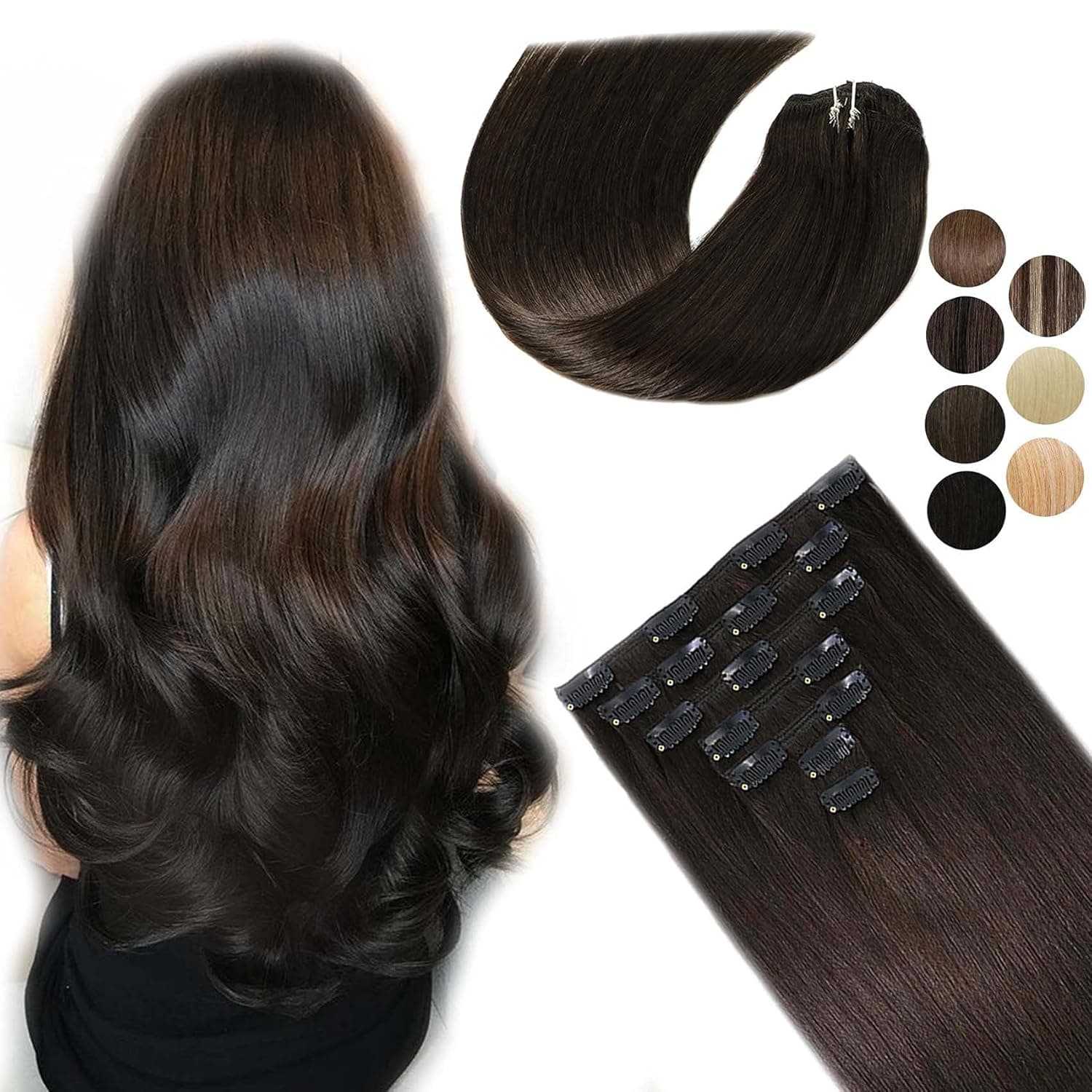 Clip in Hair Extensions Human Hair No Shedding No Tangling Natural Remy Human Hair Dark Brown Natural Hair Extensions Clip 18 Inch 120grams 7pcs Silky Straight Human Hair