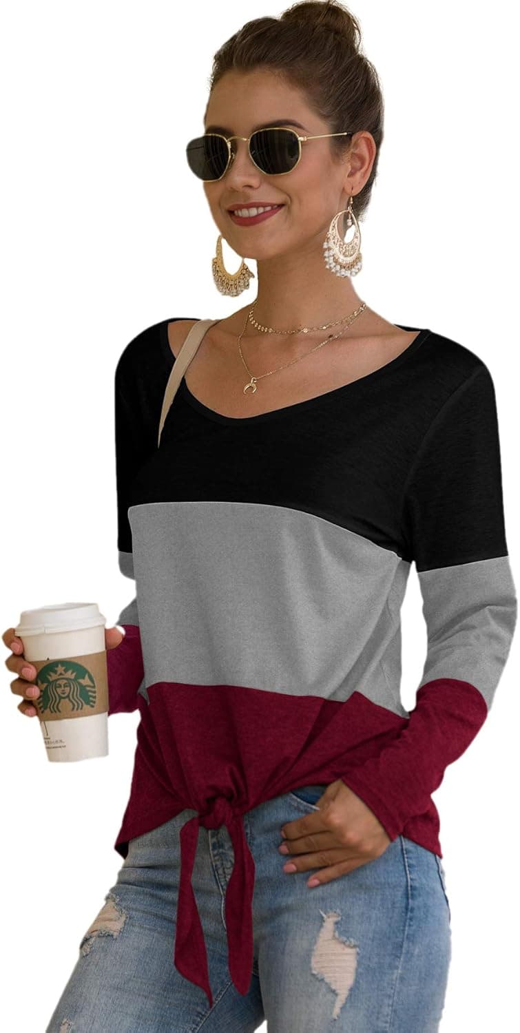 SweatyRocks Women's Color Block Long Sleeve T Shirt Casual V Neck Knot Hem Tunic Tops Black Grey Red Medium