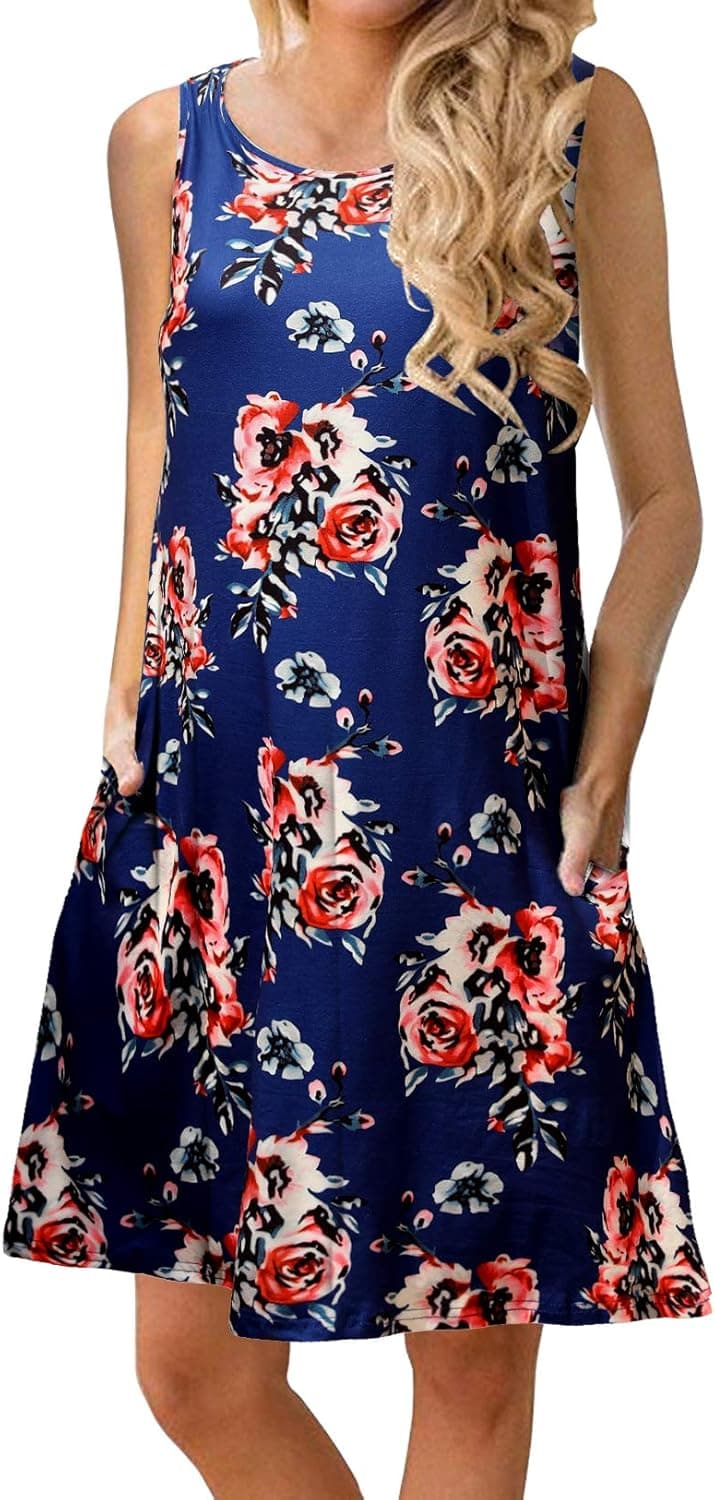 Women Casual T-Shirt Summer Dresses Floral Bohemian Dress Swing Boho Sundress Sleeveless with Pockets