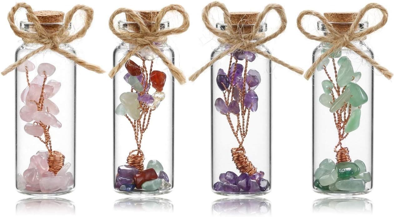Jovivi 4 Pack Mini Natural Gemstone 7 Chakra Crystal Money Tree in Glass Wishing Bottles Wire Wrapped Tree of Life Tumbled Crushed Chip Stones for Wicca Reiki Home Office Desk Decorations