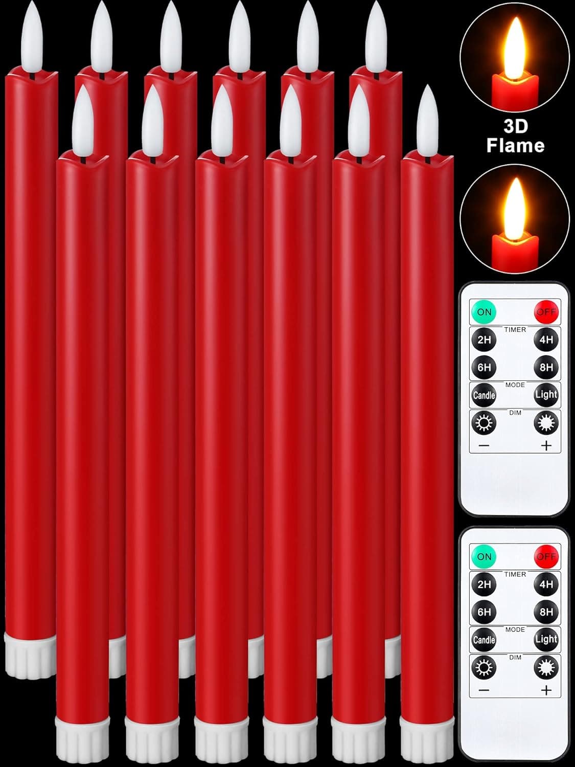 Tuanse 12 Flameless Taper Candles Flickering with 2 Remote Warm 3D Wick LED Light Window Candles Electric Candles Battery Operated LED Candlesticks Flickering for Party Wedding (Red)