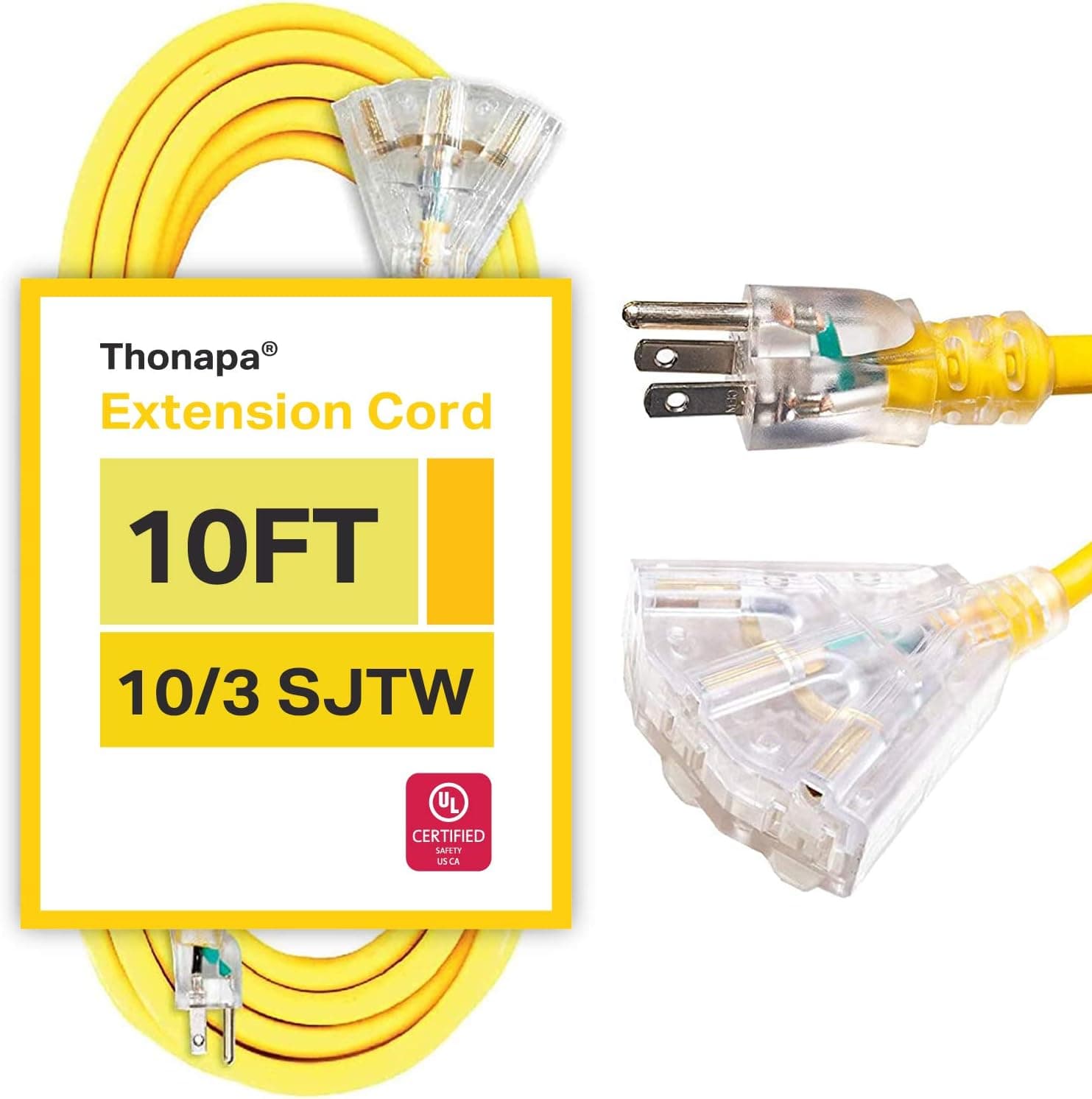 10 Foot Lighted Outdoor Extension Cord with 3 Electrical Power Outlets - 10/3 SJTW Yellow 10 Gauge Cable with 3 Prong Grounded Plug for Safety
