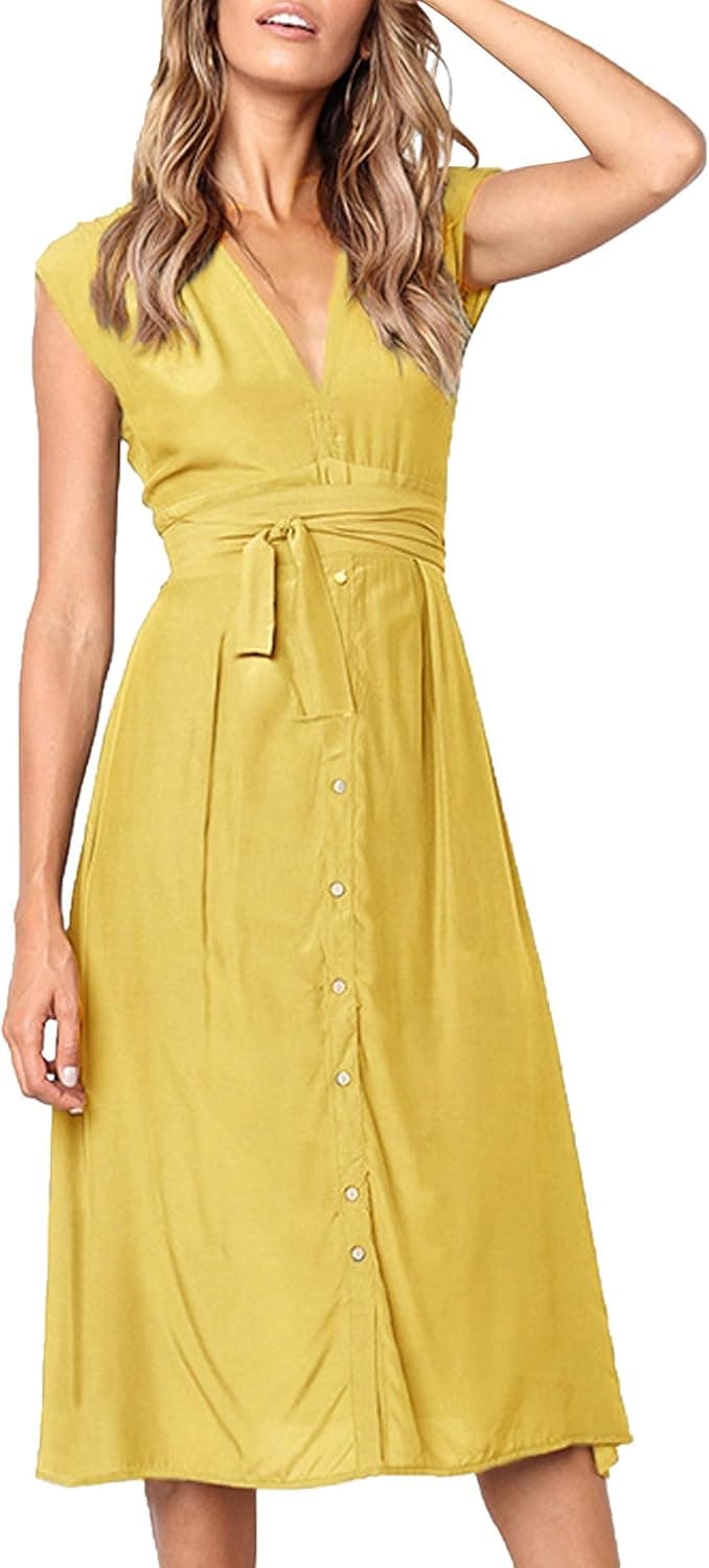 ECOWISH Womens Striped Button Down Bohemian Spaghetti Floral Dress Tie Waist Sleeveless Swing Midi Dress