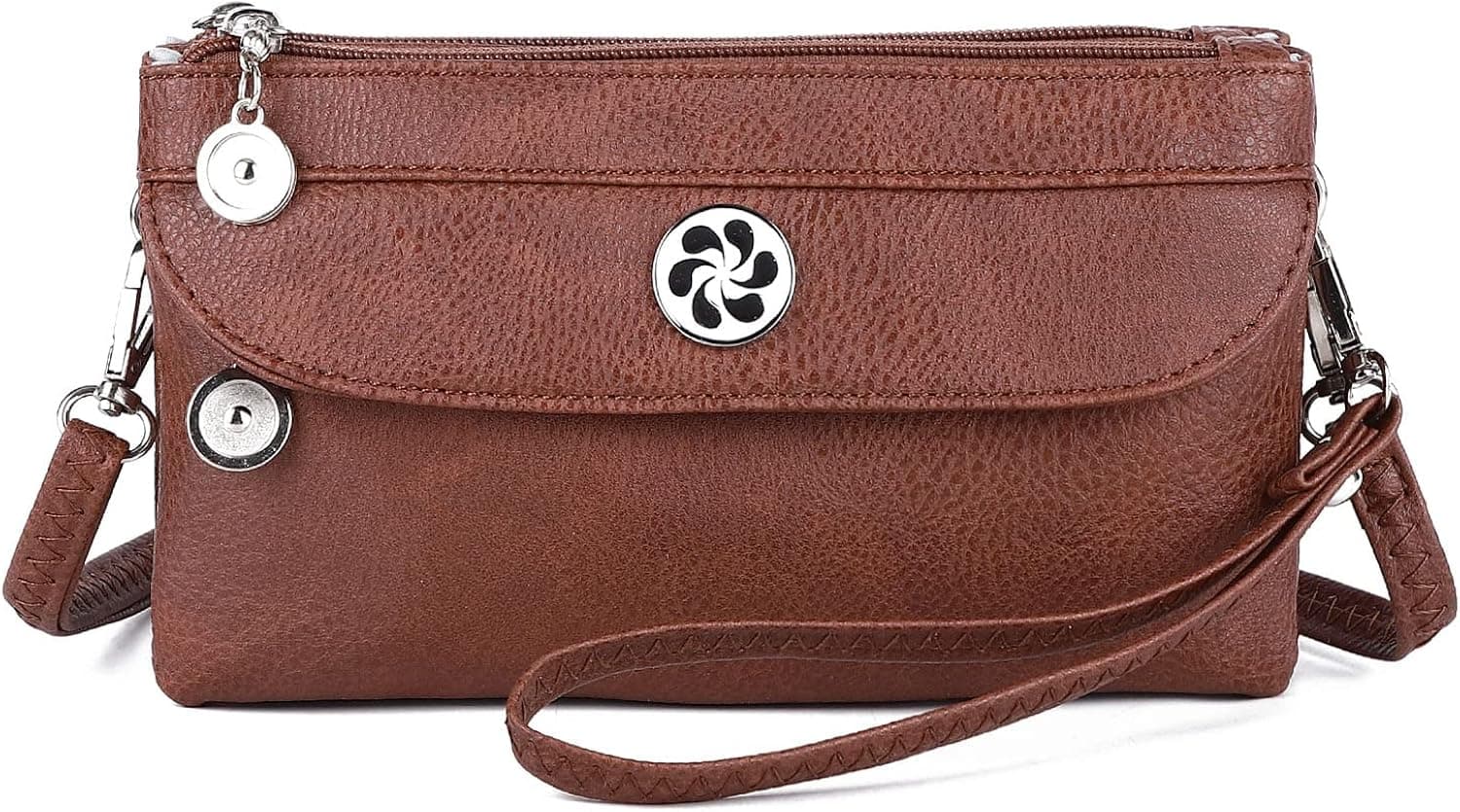 Angel Kiss Women's leather Wristlet Clutch Wallet Double Corner Zip Small Crossbody Bag with Removable Wrist Strap