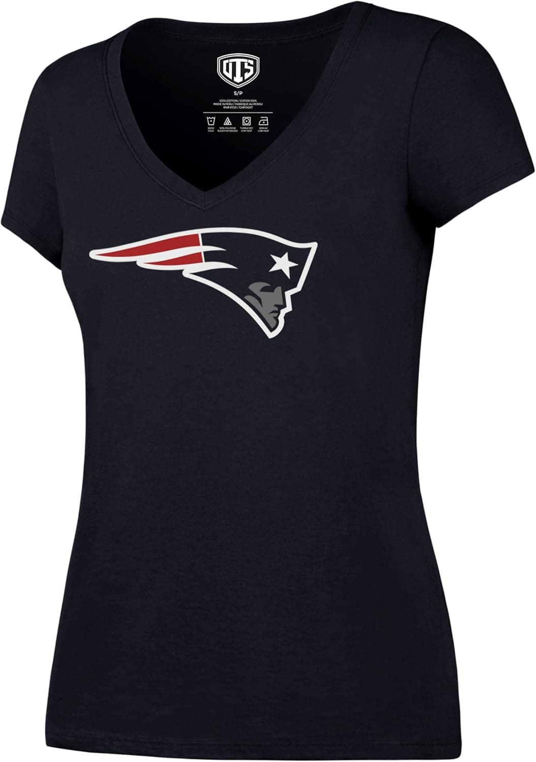 OTS NFL New England Patriots Women's Rival V-Neck Tee, Team Color Primary Logo, Small
