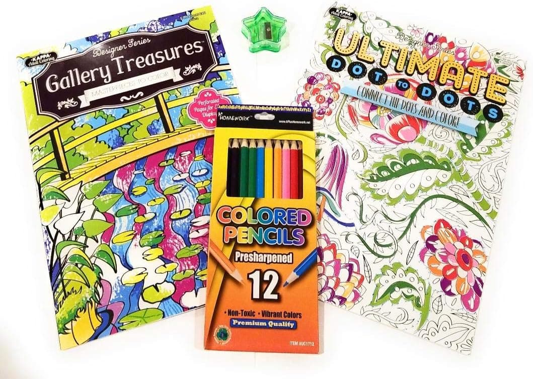 Designer Series Adult Coloring Book Bundle Of 4 (1 Coloring Book/ 1 Dot To Dot Coloring Book, 12pk Color Pencils and Added Star Pencil Sharpener (Coloring Books Vary)