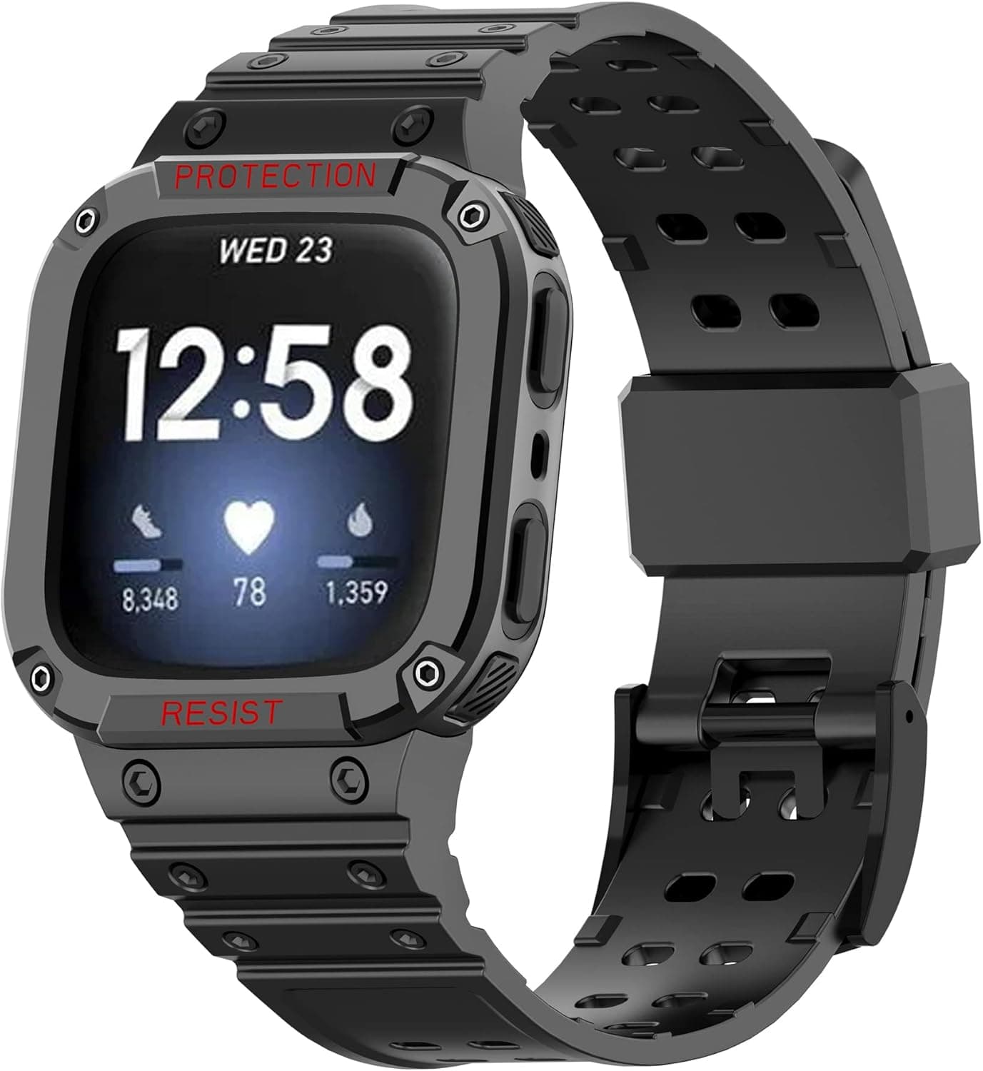 MiRUSI Compatible For Fitbit Versa 4/3/2/1/Fitbit Versa Lite/Fitbit Sense 2/Fitbit Sense Bands with Case, Protective Case Strap Rugged Sport Protect Wristbands For Men Women